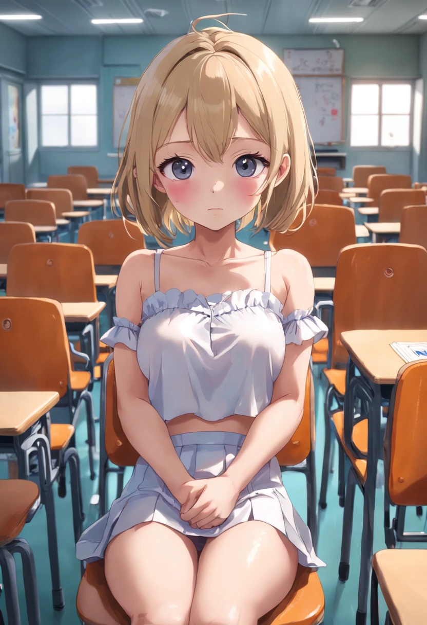 Cute adult woman with short baby face、Infant body type、small tits、School uniform with short sleeves、Embarrassed、toppless、bottom less、(Show me the small areola and nipples:1.3), (Sitting on a chair in a classroom), (Spread your legs wide:1.5), (Masturbating by showing wet female genitalia with white liquid:1.5), school classrooms、Beautiful fece, 4K、top-quality、超A high resolution, The ultra -The high-definition, masterpiece, foco nítido, Photo Quality、frombelow