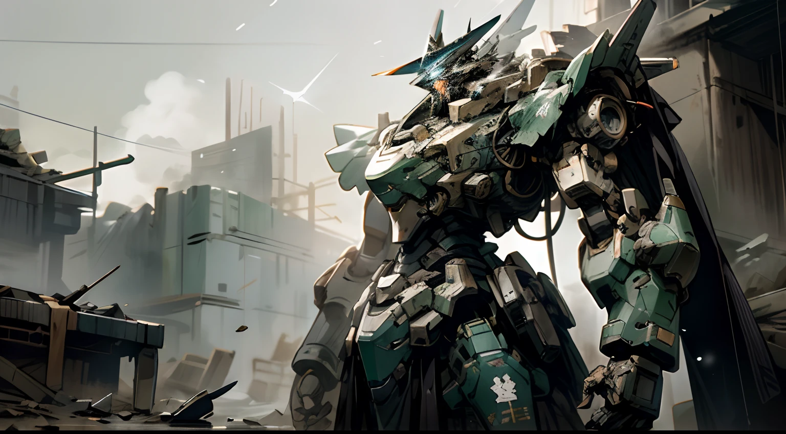 Pacific Rim style,Western paladin style,mechs,Physical damage,Standing in the ruins,lottalewdsLargeMecha,Sense of oppression,the night,feeling of solitude,Elevation viewing angle,There are several helicopters in the air