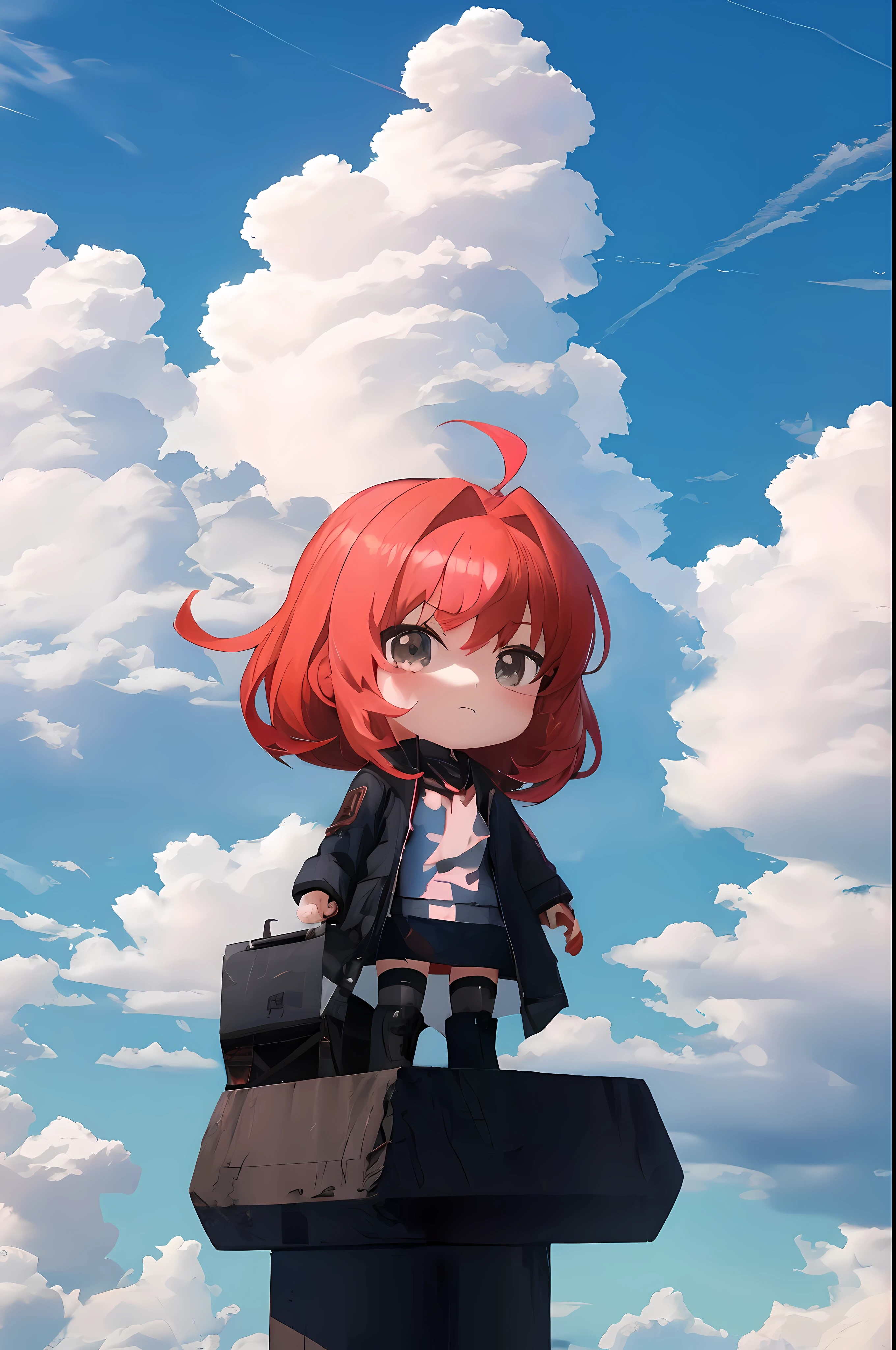 anime girl with red hair standing on a ledge with a briefcase, anime visual of a cute girl, style as nendoroid, kantai collection style, anime style 4 k, artwork in the style of guweiz, best anime 4k konachan wallpaper, from arknights, anime clouds, stylized anime, 4 k manga wallpaper, young anime girl