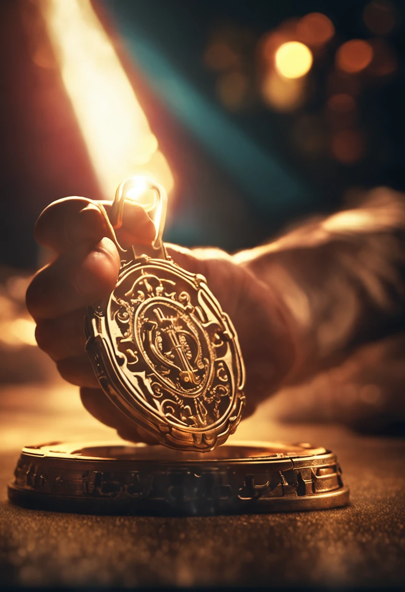 A man's hand holding a shiny golden key, with rays of light around the key, fantasy, cinematic, realistic, mystical, CGI, special effects, super powers