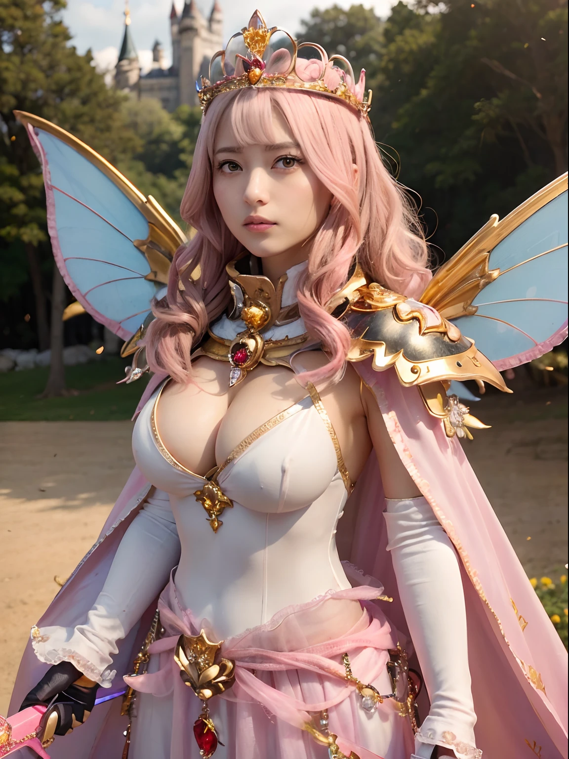 (masutepiece), Professional , masterpiece、top-quality、photos realistic , depth of fields (Gemstone Silver Metal Body:1.9),(Matte Pink、Jewel Gold Weapon、(Gorgeous castle background)、(ultimate beauty girl)、(Fairy wings grow on her back)、(Jewel Metal Body:1.9),Gorgeous Jewel Metal Weapons , Detailed Sword of the Brave ,( a blond) ,warhammer 40k , adepta sororitas,Detail and ornate jewel crown、独奏、Brown hair、(Gangle's forest background)、Beautiful Caucasian beauty、1a person、dynamic ungle,(((Diamond tiara with detail and luxury)))、a small face、Powerful poses、(Gorgeous castle background)、huge filesize、20 year old beautiful woman、Stand in the center of the screen、Thin female fingers、Straight long hair、Beautiful Caucasian beauty、cleavage of the breast、the wind、