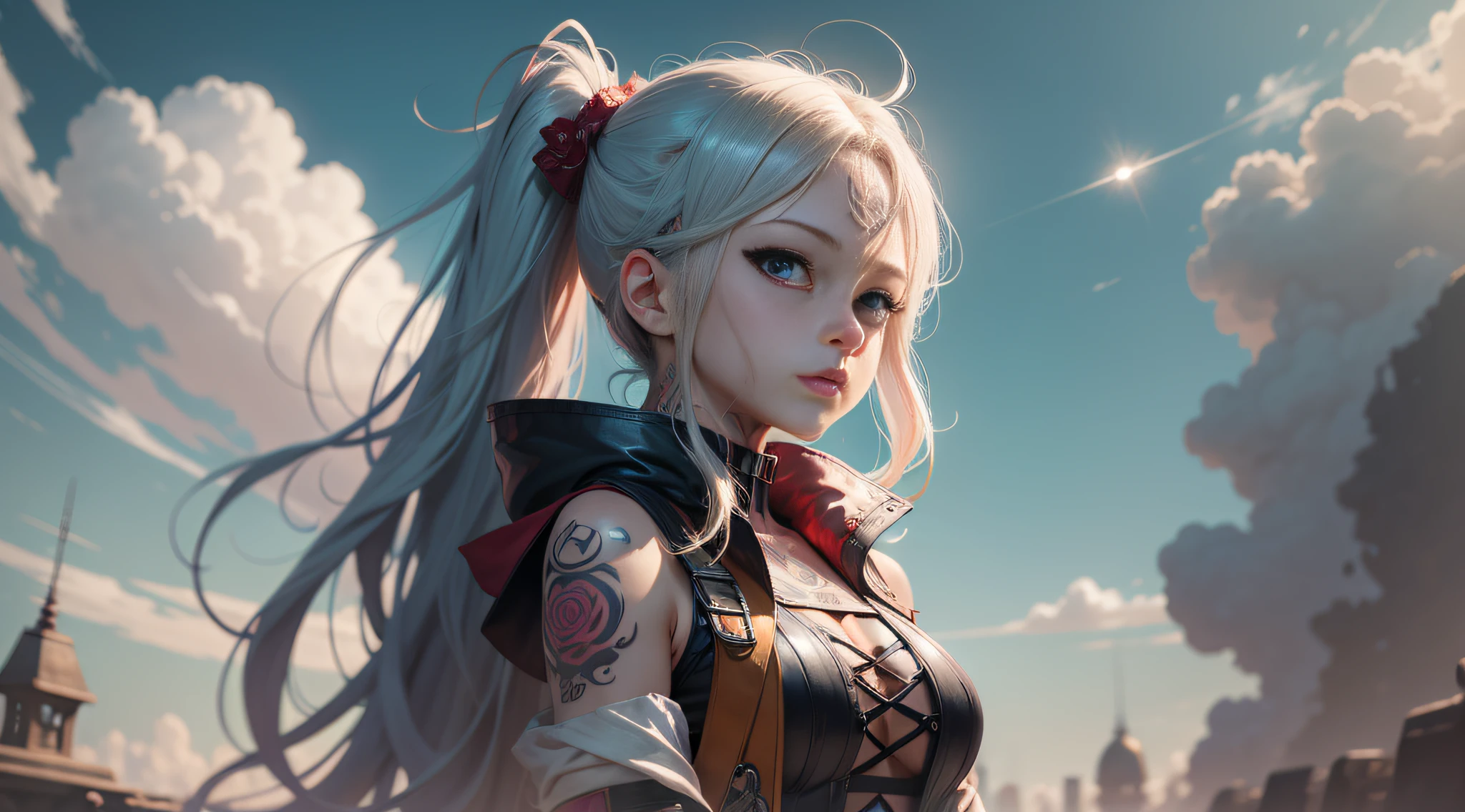 anime girl with tattoos holding a sword and looking at the camera, anime style 4 k, detailed digital anime art, anime art wallpaper 4k, anime art wallpaper 4 k, anime art wallpaper 8 k, anime wallpaper 4k, anime wallpaper 4 k, anime styled digital art, digital anime art, 4k highly detailed digital art, 8k high quality detailed art