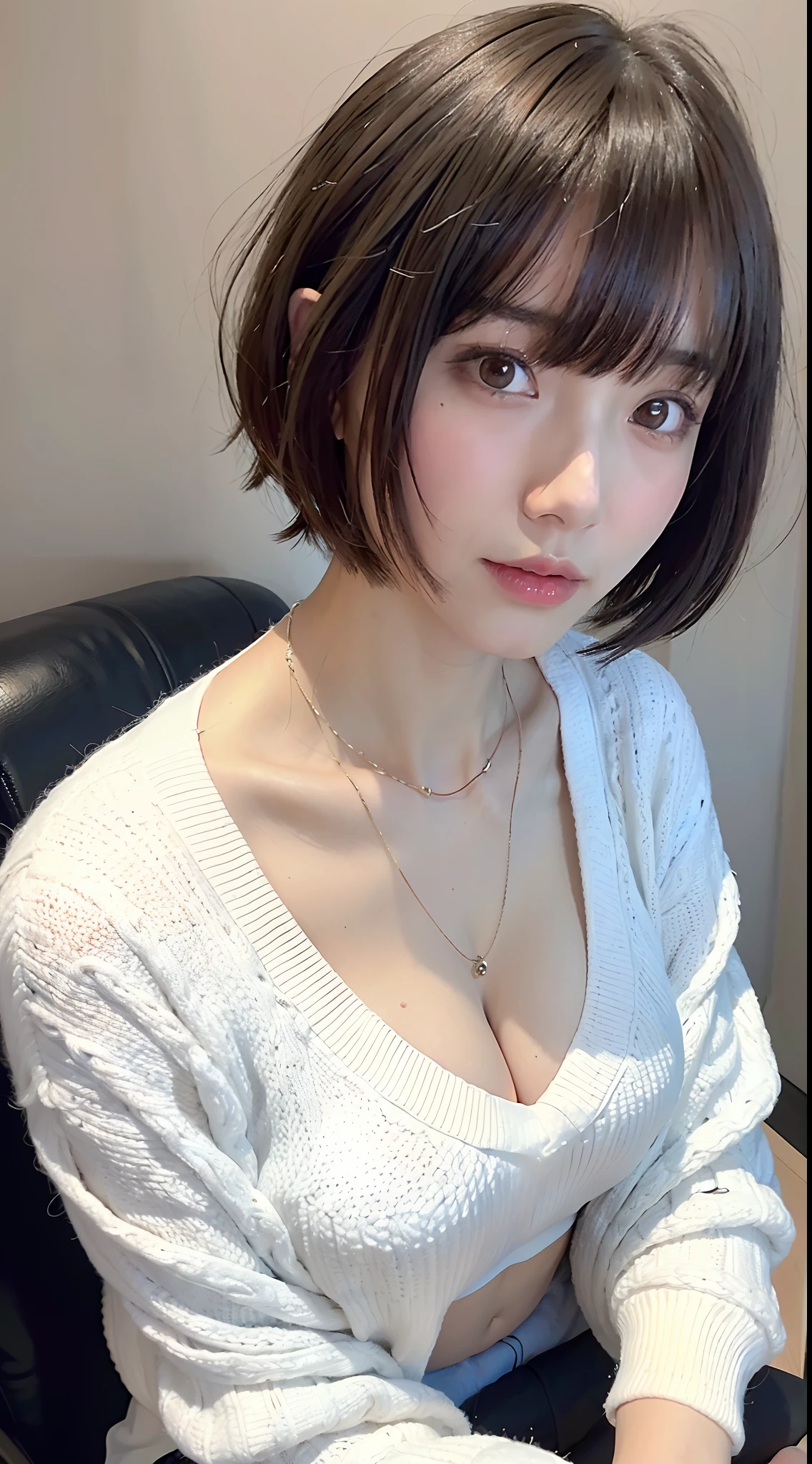 (highest quality、8K、32K、masterpiece、nffsw:1.2)、photo of cute japanese woman、big breasts:1.2、very short bobbed hair、Upper body、Surface Forcutra L size_sweater、necklace、 background、From above、looking at the viewer、cleavage:1.5、balanced body