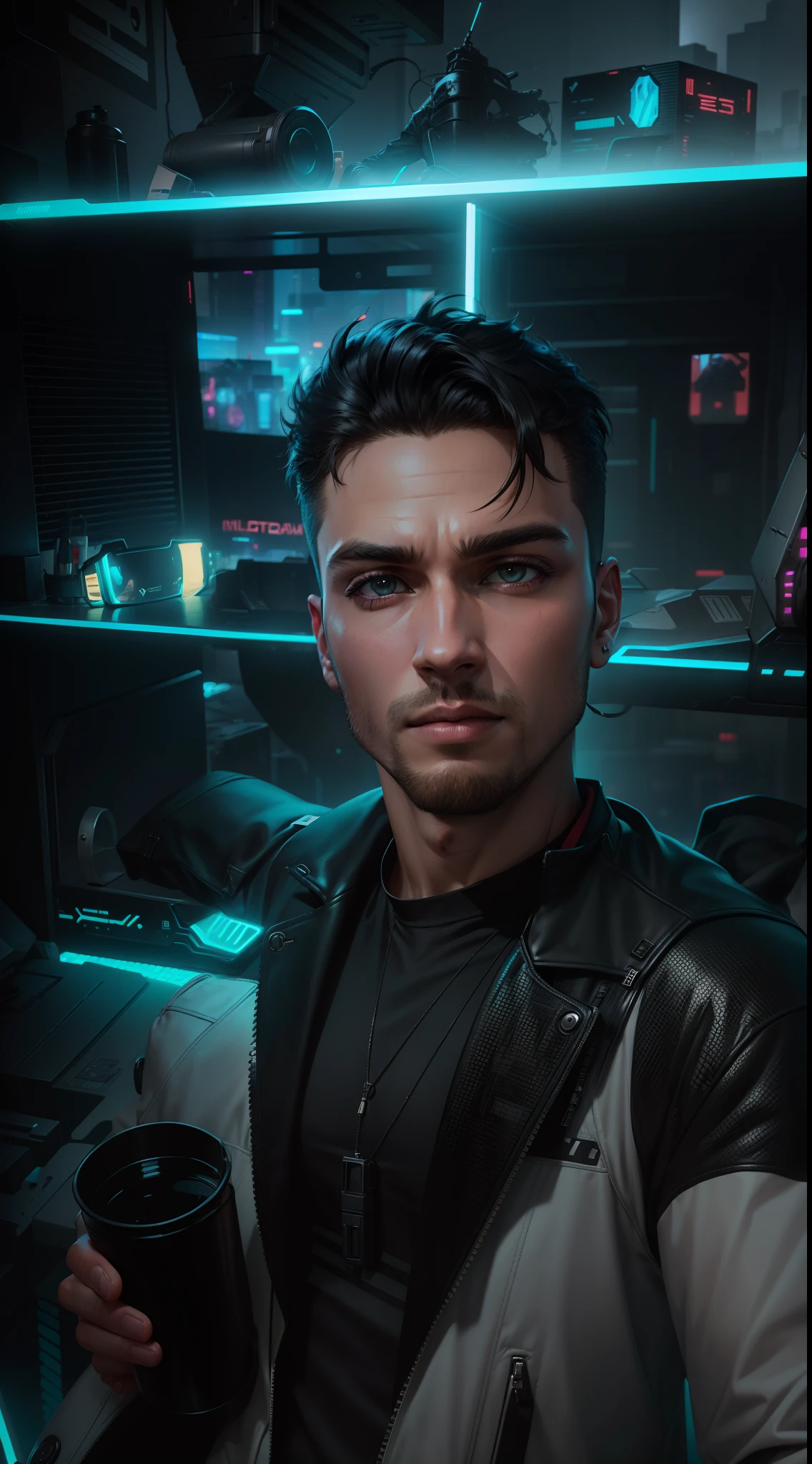 Handsome boy, black jacket, black sunglass, cyberpunk, neon lights background studios, ultra realistic, 8k,