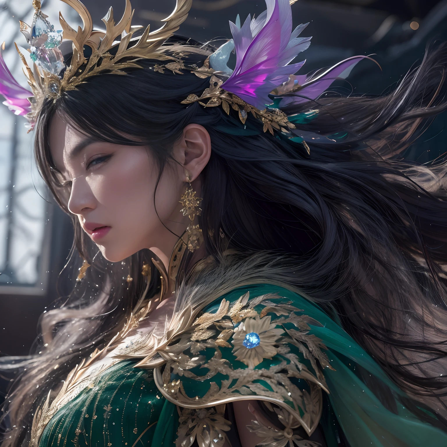 32K(tmasterpiece,k hd,hyper HD,16k)with short black hair,Canyon in the back room,Black burgundian hair girl ,Golden Dragon Protector (realisticlying:1.4),Python robe,Purple-pink tiara,Snowflakes fluttering,The background is pure, A high resolution, the detail, RAW photogr, Sharp Re, Nikon D850 Film Stock Photo by Jefferies Lee 4 Kodak Portra 400 Camera F1.6 shots, Rich colors, ultra-realistic vivid textures, Dramatic lighting, Unreal Engine Art Station Trend, cinestir 800,Close-up of the side of the half