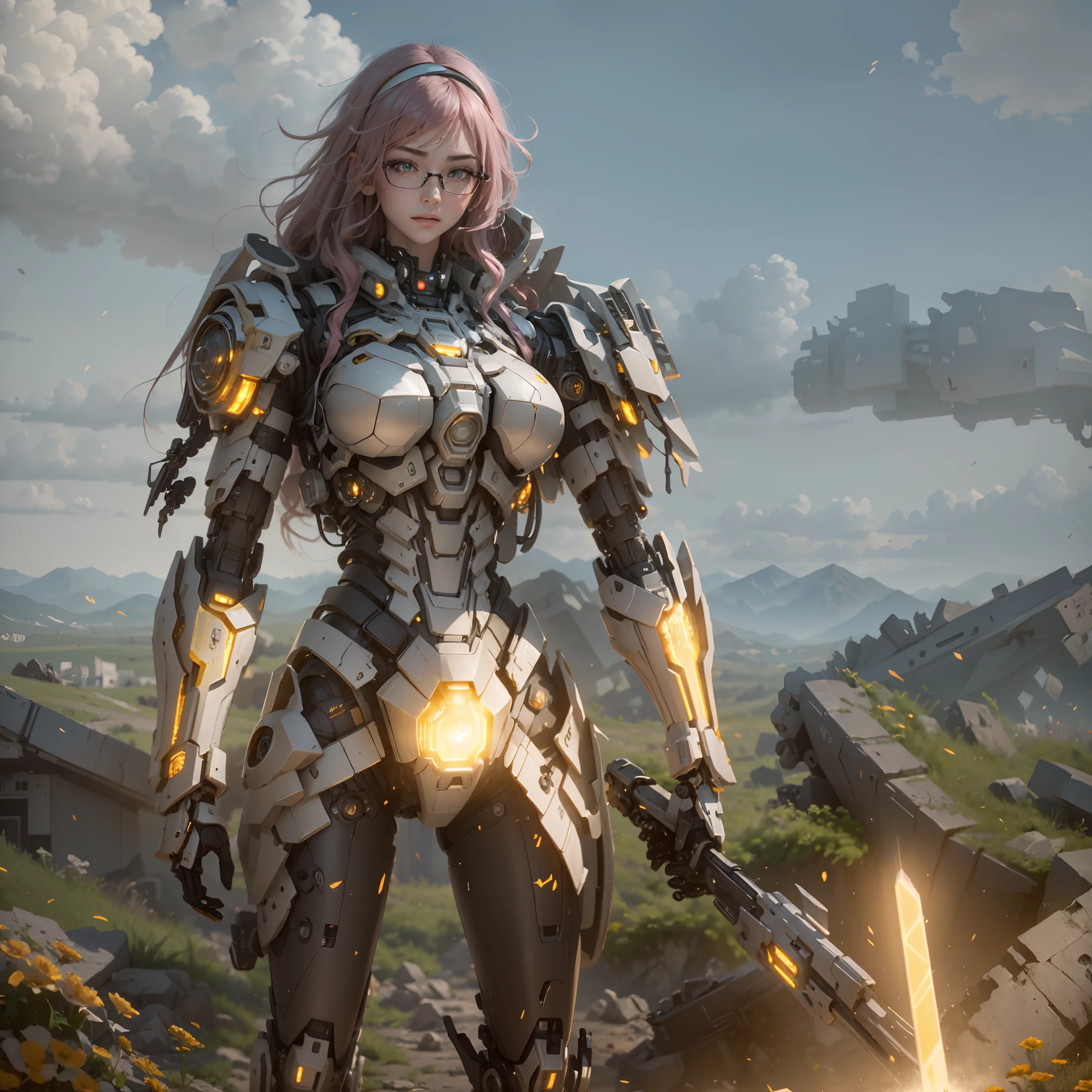 ((Best Quality)), ((Masterpiece)), (Very Detailed:1.3), 3D, Shitu-mecha, Beautiful cyberpunk woman with her pink mech in the ruins of a city in the forgotten war, Ancient technology, HDR (High Dynamic Range), ray tracing, NVIDIA RTX, super resolution, unreal 5, subsurface scattering, PBR texture, post-processing, anisotropic filtering, depth of field, maximum sharpness and sharpness, multi-layer texture, albedo and highlight maps, surface shading, Accurate simulation of light-material interactions, perfect proportions, octane rendering, duotone lighting, low ISO, white balance, rule of thirds, wide aperture, 8K RAW, efficient sub-pixels, subpixel convolution, luminescent particles, light scattering, Tyndall effect, wearing black glasses, right hand holding energy sword,long white hair with red rose head band,