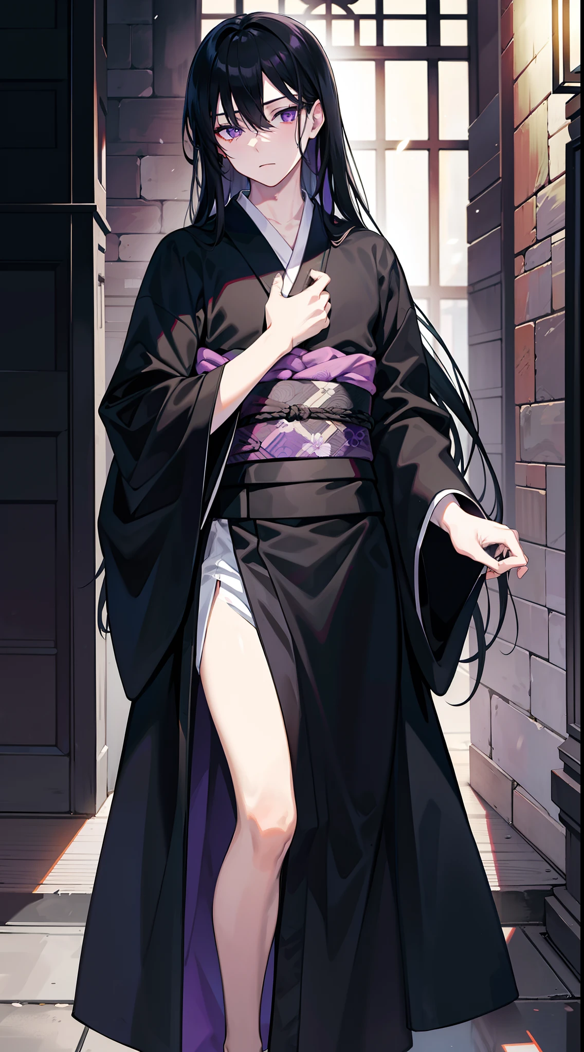 adult man, Long black hair, violet eyes, Thin, black kimono, Masterpiece, hiquality