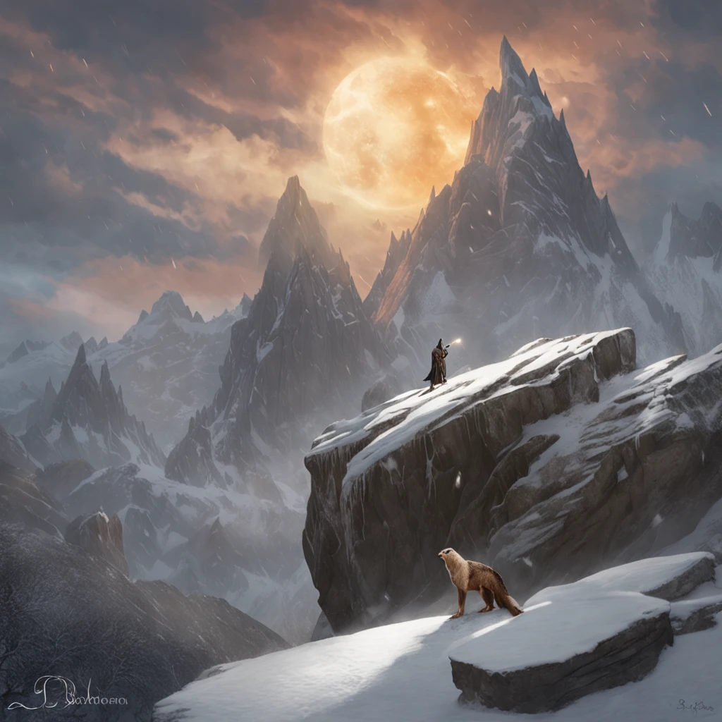 Create a captivating fantasy art image depicting a powerful wizard standing atop a weathered and towering rock formation. The rock should be positioned at the edge of a lofty cliff, offering the wizard an awe-inspiring and commanding view of a mystical landscape.

The scene is set against the backdrop of majestic, snow-capped mountains that stretch as far as the eye can see. These towering peaks should be shrouded in an ethereal mist, adding an air of mystery to the setting. The mountains should rise dramatically from the valley below, their peaks punctuating the horizon.

In the sky above, unleash the imagination with the presence of majestic dragons soaring gracefully. These dragons should be rendered in breathtaking detail, their scales glinting in the sunlight as they dance among the clouds. These creatures are not fearsome, but rather an integral part of the world, exuding a sense of both power and wisdom.

The wizard himself stands tall and regal, cloaked in flowing robes that billow in the wind. His staff, carved with intricate runes, is held firmly in one hand, and his other hand is outstretched towards the mountains, as if channeling the very magic of the land. His long, flowing beard and hair give him an aura of ageless wisdom, while his eyes shimmer with otherworldly knowledge.

As the sun casts its warm hues across the landscape, capture the moment when the world seems to hold its breath in reverence for the mystical convergence of magic, nature, and awe-inspiring creatures.


The artistic style for this image should be rich in detail, showcasing the intricate designs of the wizard's robes, the textures of the rock formation, the gleam of dragon scales, and the play of light on the mountains. Employ a bLa mejor calidad, Obra maestra, ultrahigh resolution, (realistic photograph:1.4), surrealismo, dream-like,FusionArt, Bailarina de sombras, Magia de sombras, Control de la oscuridad, sigilo, Shadowstep, Hechizos de umbral, Cuchilla oculta,