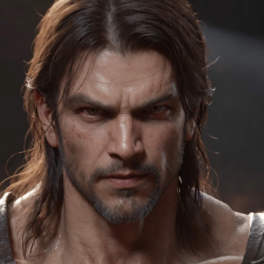 (Professional 3D Rendering:1.3) in the (Realistic:1.3) The most beautiful artwork photos in the world,Features soft and shiny male heroes, ((Epic Hero Fantasy Muscle ManRough Wet Hero Angry Long Hair Short Beard and Ferocious Expression in Dynamic Pose, fantastic location, majestic cluttered environment)), Full body 8K unity rendering, action SHOT, skin pore, Very dark lighting, Heavy shading, Detailed, Detailed face, (Vibrant, photos realistic, Realistic, Dramatic, Dark, Sharp Focus, 8K), (Old leather garments damaged by weathering:1.4), ((((Wear fur)))), (Convoluted:1.4), Decadent, (Highly detailed:1.4), Digital Painting, rendering by octane, art stations, concept-art, Smooth, Sharp Focus, Illustration, Art Germ, (Roisch:0.23), Vlop Ilya Kuvshinov, Gregg Rutkowski and Alphonse Mucha Gracias, (Global Illumination, studio lights, volumettic light), Heavy rain, particles floating, lotr, Fantasy, elf, full body Esbian, ((Dark ancient city background:1.3)),CG Sessa,art stations