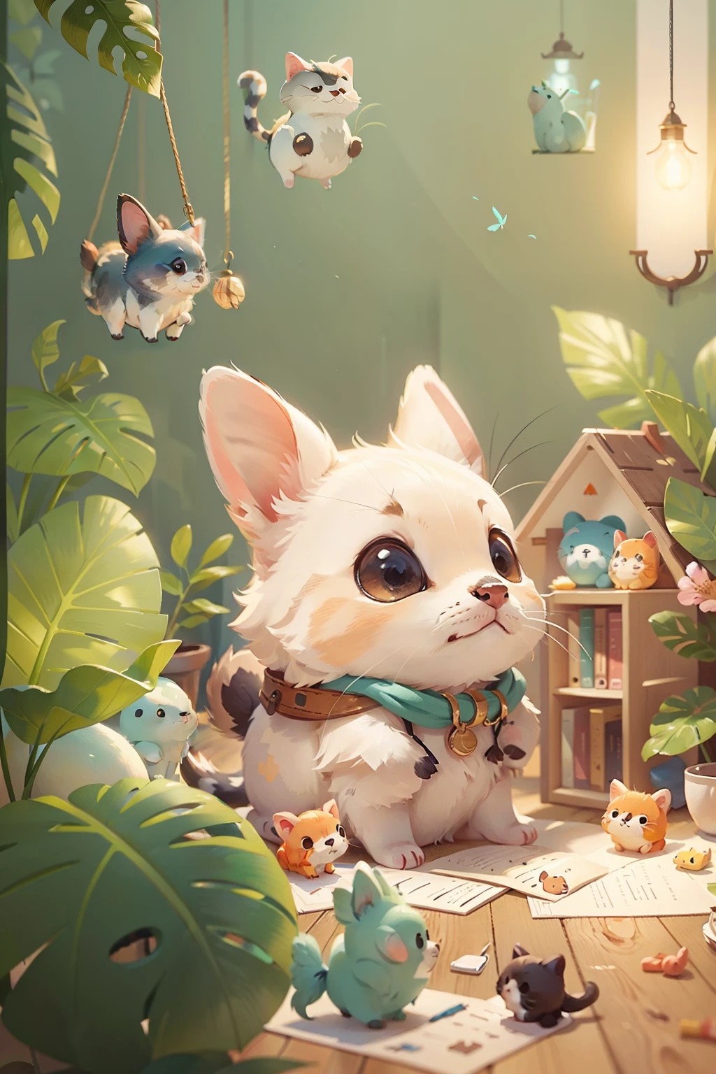 Cute little animals,Inside a dreamy scene,The expression is rich and cute,The color block is clear,There are decorative items around,