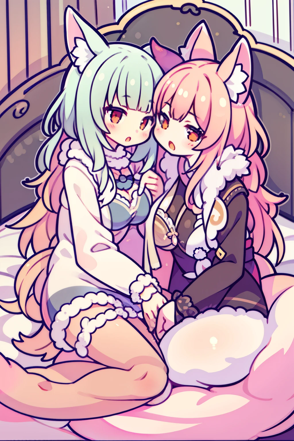 nsfw,Two Girls,Nipples,ffm, lying down,Lift both legs,Sex,panties,penis,Light blue hair,Light pink hairstyles，Cat ear，Pink Eyes，light blue lolita，White socks，,Pink ribbon,Laughing with your mouth open,Best image quality,Highest quality