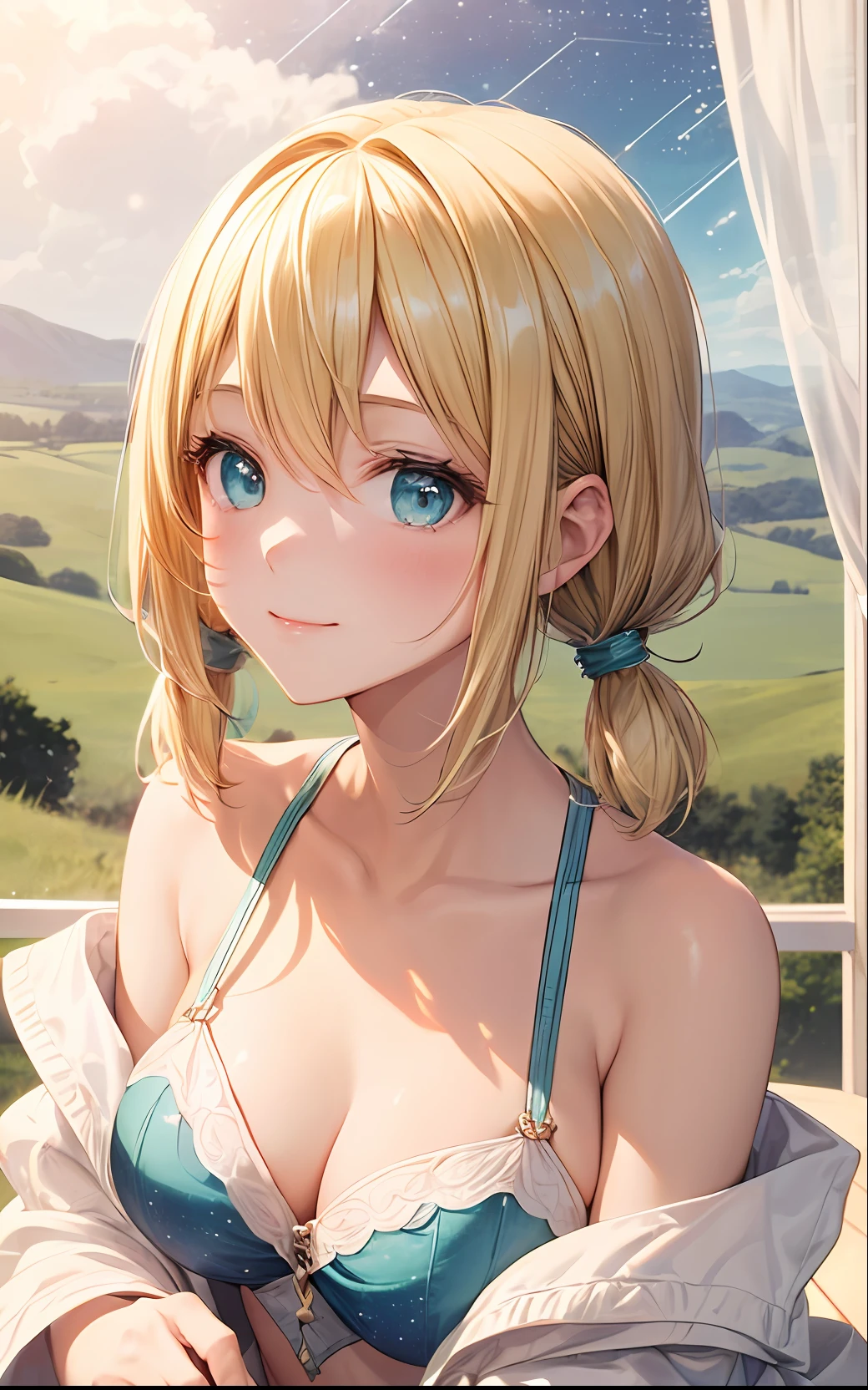 absurderes、hight resolution、(Official art、Beautifully Aesthetic:1.2)、1girl in:1.4), (shining sky:1.2), Vast world, Gaze, A wistful smile, Distant horizon, ​​clouds, High hills, natural beauty, inspiration, nigh sky, (Shining stars:1.6),(Blonde short hair:1.4)、(low twintails:1.4)、Shiny hair、medium breasts、Turquoise eyes