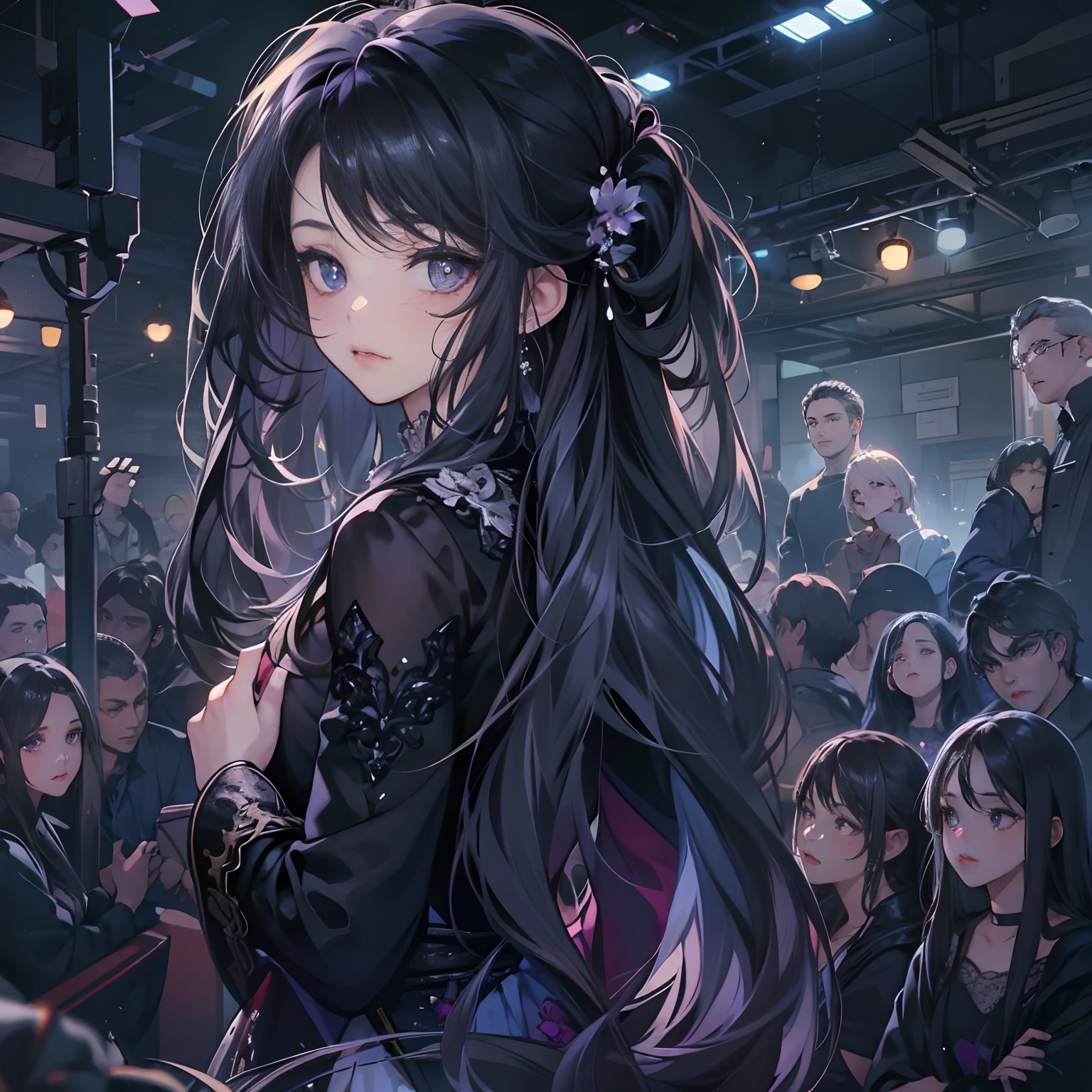 A girl with long black hair,Deep purple eyes,Look at the audience,Lovely clothes,乳溝,pouty,Cute eyes,Full-HD,Lots of detail,Cinematic texture,Light,carefully drawn,atmosphere