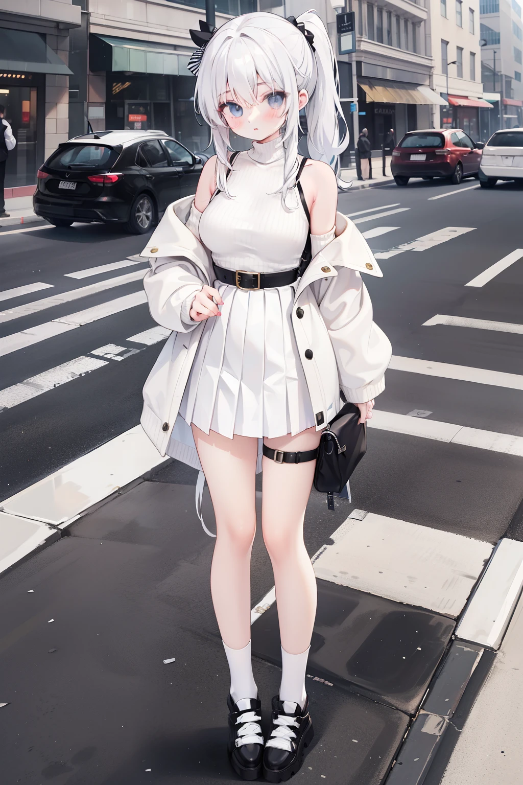 All over a girl standing on the street with double ponytail white hair tight long sleeves striped turtleneck brown short coat off-the-shoulder black high waist belt decoration pleated skirt high top canvas shoes white socks