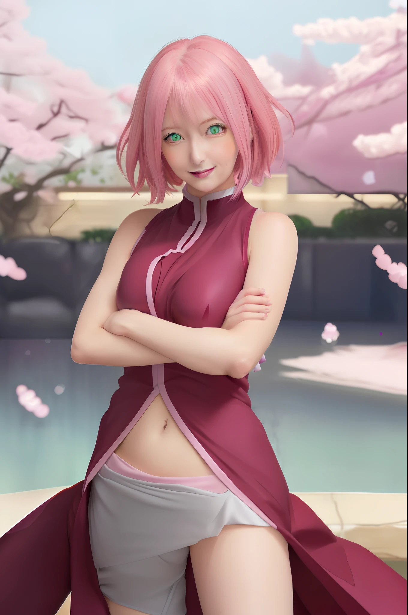 1girl, sakura in anime naruto, short hair, sexy dress, pink hair, green eyes, smile, beautiful, pink clothes, very big breast, sexy clothes, realistic clothes, detail clothes, indoor wallpaoer, wallpaper realistic, wallpapaer detail, indoor background, ultra detail, realistic