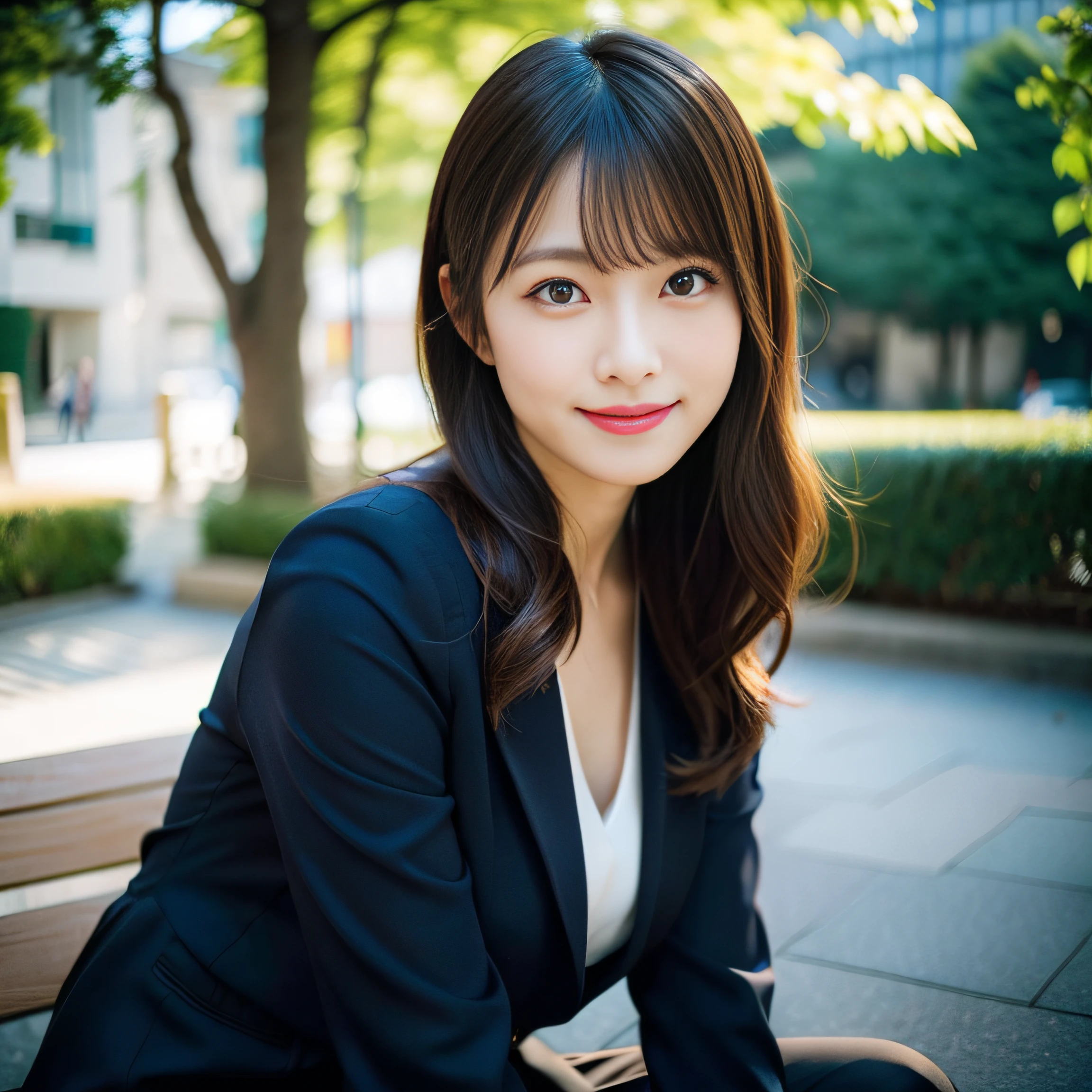 Beautiful black eyes、dual、natural skin textures:1.8, realistic eyes and face details:1.8、middlebreasts、in 8K,Best Quality:1.4, 超A high resolution:1.5, (Photorealistic:1.4),masterpiece:1.2,(top-quality:1.4)、 Raw photo、 (the background is blurred), 1日本人の女の子, Cute, (Full body:1.4)、realistic shadow、beauty legs:1.2、tight skirts、(Solo:1.4), (Shy smile), Smooth skin、 (Brown medium hair,Bangs),nogizaka,Beautiful body, Navy Business Suit, Secretary, on the park、During the break、super model、Black pantyhose、gravure,sit on a bench