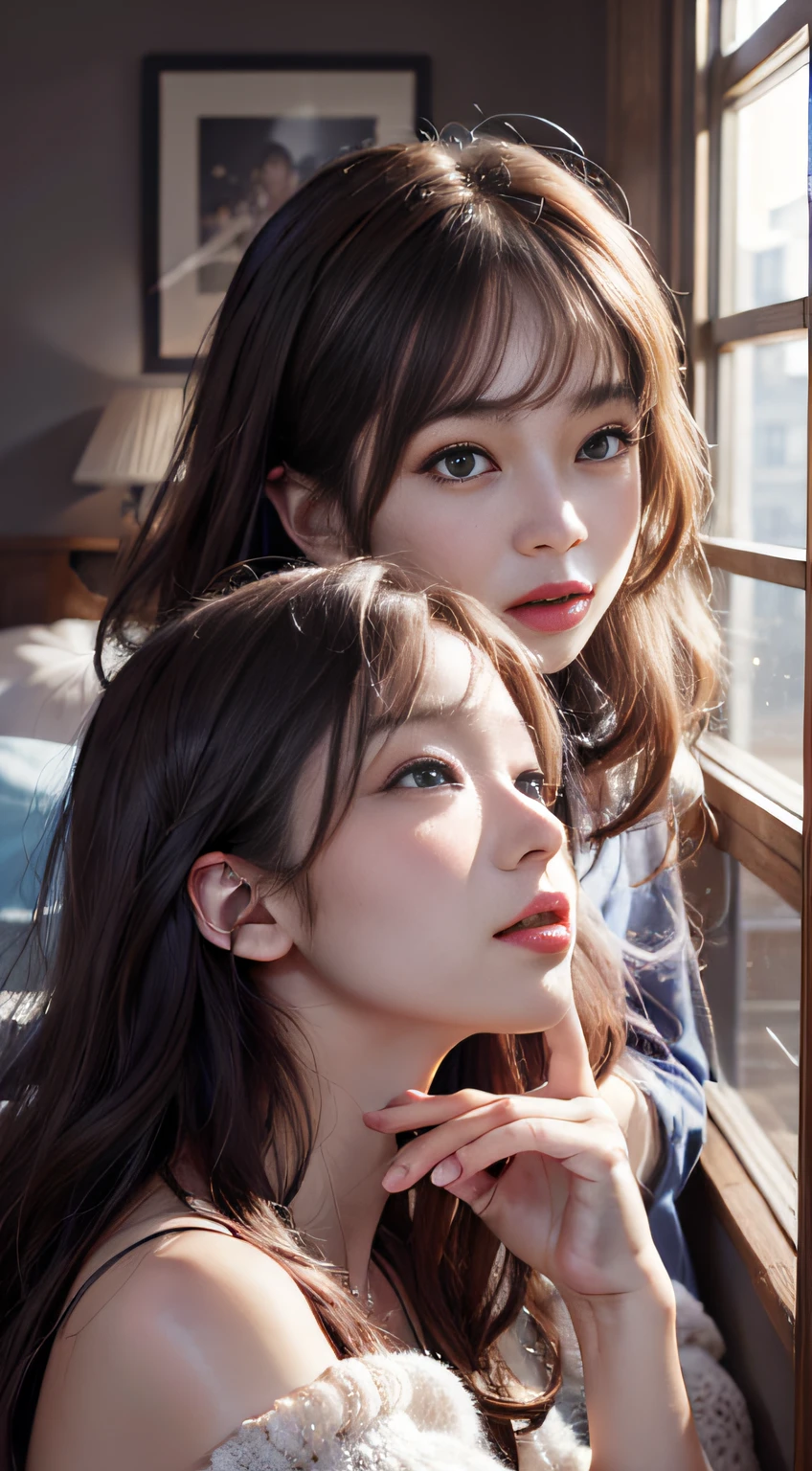 A high resolution、Highest image quality、illustratio、Cinematic lighting、Hyper-detailed faces、（finely quality eyes）、Best Picture Quality、hyper-detailing、tmasterpiece、（Beautiful faces）、1girl、Kizi、whaite hair、Purple eye、highest details、Glowing eyes、Moderate breathing、sit on a bed、sitted、Beds、janelas、nigh sky、The light from the back window is backlighted、（hight contrast）、（a color），