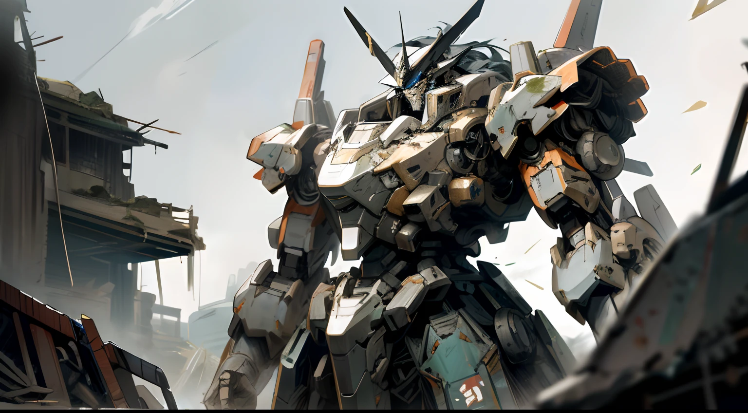 Pacific Rim style,Western paladin style,mechs,Physical damage,Standing in the ruins,lottalewdsLargeMecha,Sense of oppression,nigth,A mech,Elevation viewing angle,The face is in the Crusader style,Mecha simplified