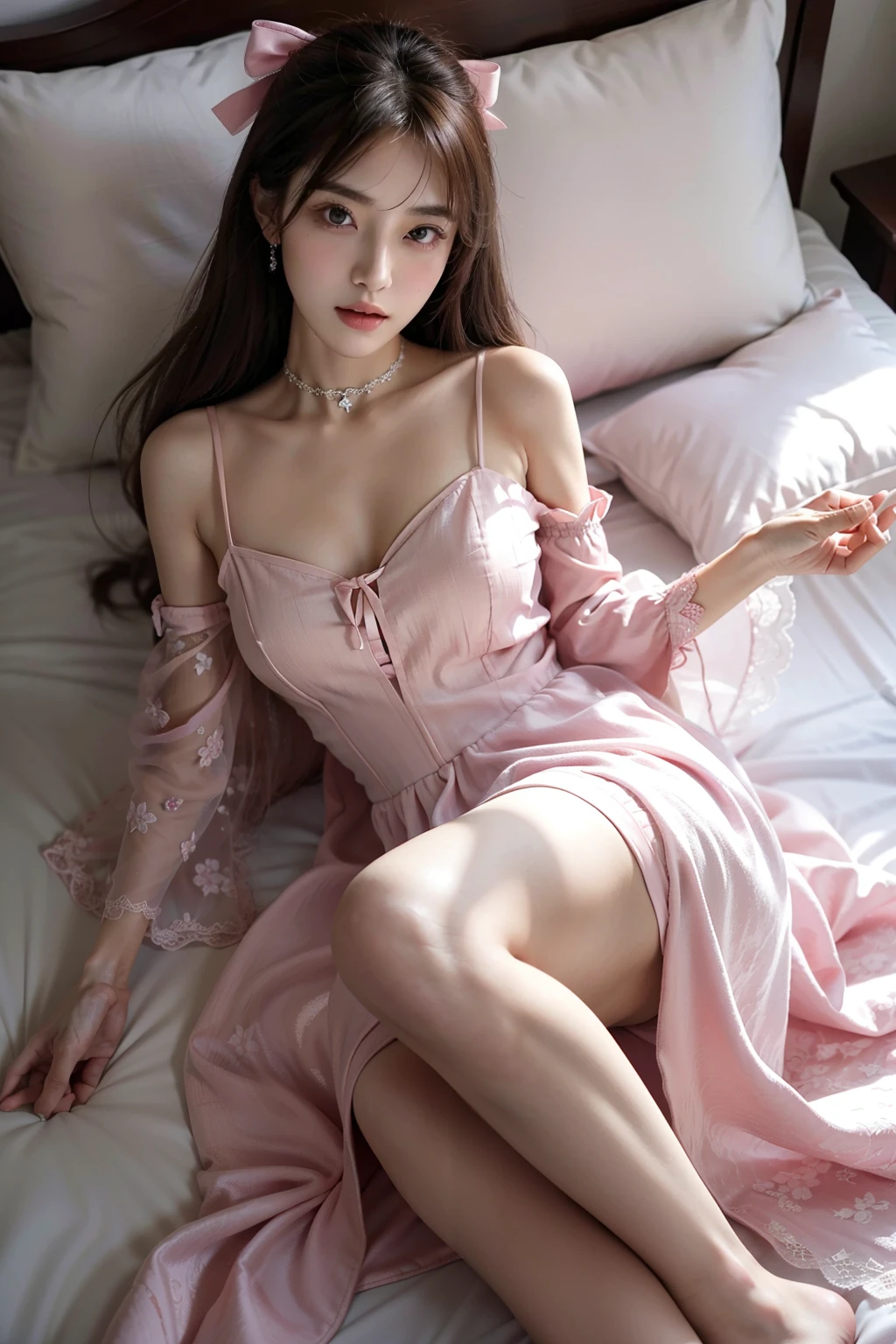 （（realistic illumination，top-quality，8K，tmasterpiece：1.3）），Clear focus：1.2，1womanl，Perfect beauty：1.4，Yushuxin，1girll，shift dresses，独奏，brunette color hair，jewely，long whitr hair，耳Nipple Ring，Bow knot，Pink dress，naturey，exposed bare shoulders，Airless Gainsboro，long  skirt，Hair Bow，ln the forest，Pink bow，No shoulder strap，standing on your feet，choker necklace，tilt of the head，wavey hair，straplessdress，Lace sleeves，Cetacine dress，Close-up woman posing for photo in pink dress，Beautiful virgin，beautiful Korean women，uma linda princesa，cute elegant pose，Bell Delfinn，Wearing a pink dress，beautiful fantasy maiden，Anime princess，beautiful and seductive anime woman，Beautiful Asian Girls，attractive anime girls，elegant glamourous cosplay，（Lie down in bed：1.8），（Beautiful sphere articulated doll：1.3）