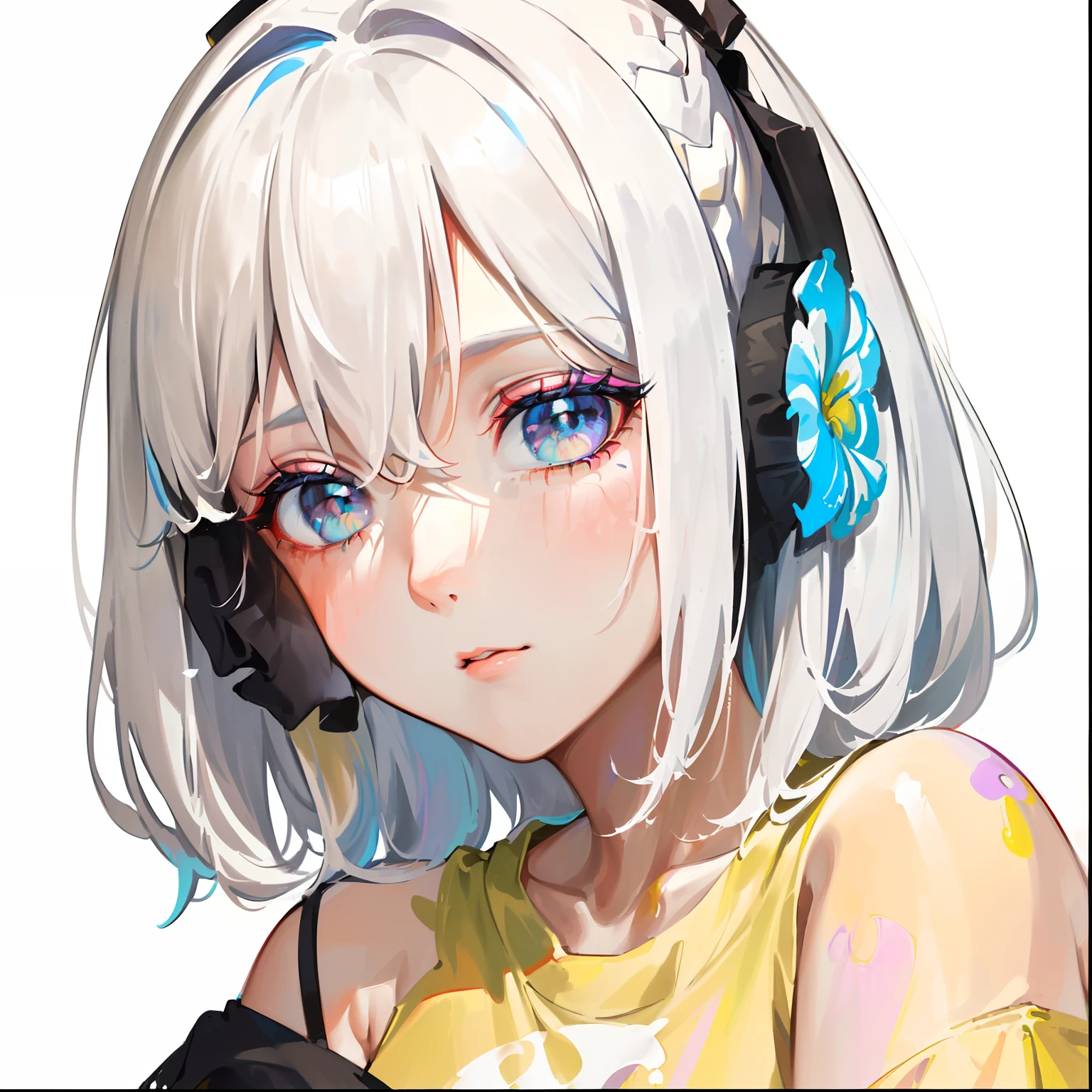 （Pink Fashion T-shirt：1.9），(Colorful hair: 1.8), (all the colours of the rainbow: 1.8),(((((vertical painting：1.6))), （painting：1.6），front, comics, illustrations, paintings, large eyes, crystal clear eyes,（ rainbow color gradient high ponytail：1.7）, exquisite makeup, closed mouth,(Small Fresh: 1.5),(Wipe Chest: 1.6) ，long eyelashes, white off shoulder T-shirt,  White Shoulder Shirt，looking at the audience, large watery eyes, (rainbow colored hair：1.6), color splash, （solo：1.8）, color splash, color explosion, thick paint style, messy lines, ((shining))，(colorful), (colorful), (colorful), colorful, Thick Paint Style, (Splash) (Color Splash), Vertical Painting, Upper Body, Paint Splash, Acrylic Pigment, Gradient, Paint, Highest Image Quality, Highest Quality, Masterpiece, Solo, Depth of Field, Face Paint,  colorful clothes, (Elegant: 1.2), gorgeous,long hair, wind, (Elegant: 1.3), (Petals: 1.4)，(((masterpiece))),(((best quality))),((ultra-detailed)),(illustration),(dynamic angle),((floating)),(paint),((disheveled hair)),(solo),(1girl) , (((detailed anima face))),((beautiful detailed face)),collar,bare shoulders,white hair, ((colorful hair)),((streaked hair)),beautiful detailed eyes,(Gradient color eyes),(((colorful eyes))),(((colorful background))),(((high saturation))),(((surrounded by colorful splashes))),