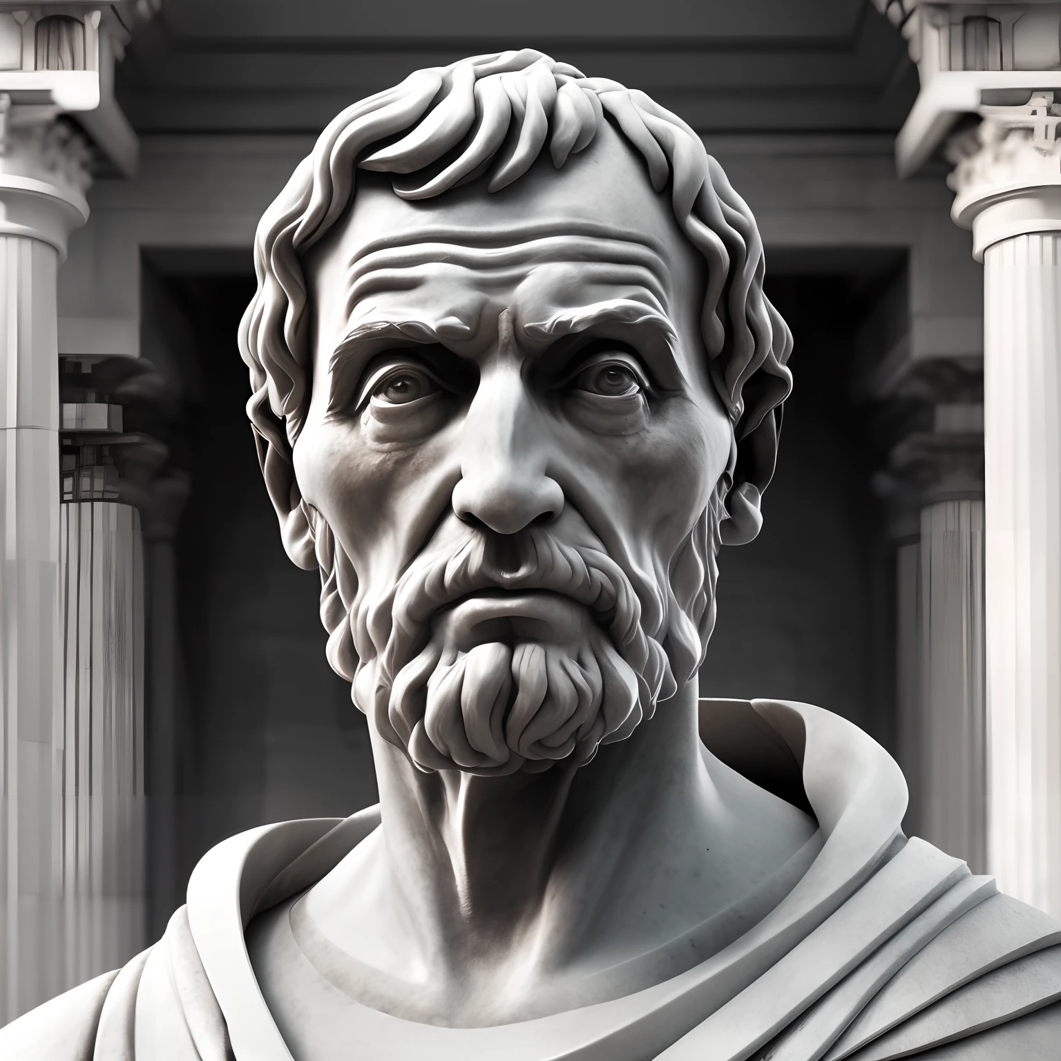 SenecA WITH A FACE OF IRONY, Close-up of a classical wise Greek philosopher, Statue in a temple, postura estoica, deus grego, wisdom, cinematic feel, preto e branco, ultra realistic, Ultra detalhado e artesanal em todos os aspectos, Escuro