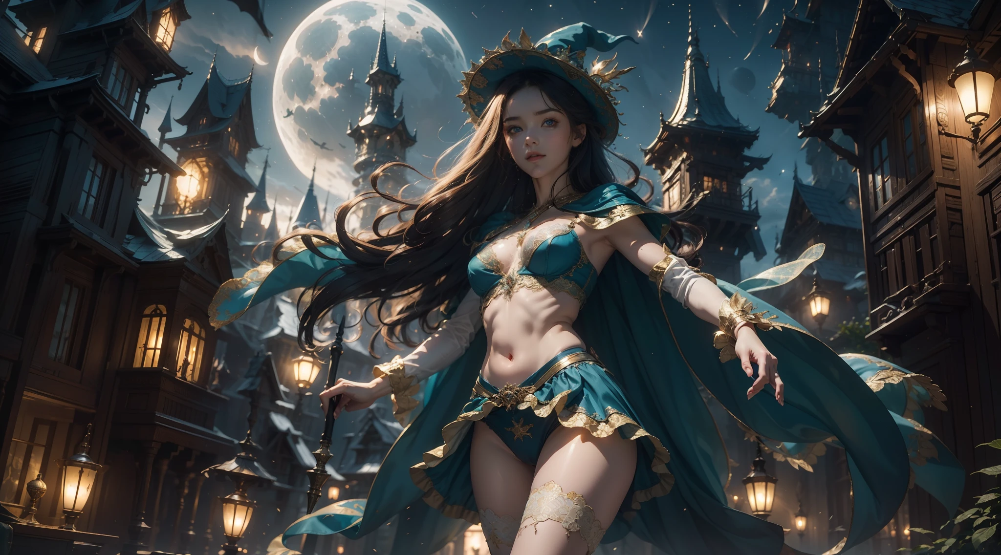 masterpiece, best quality, ultra-detailed, illustration, 1girl, solo, fantasy, dressed only in underwear, flying, broom, night sky, outdoors, magic, (lace panties), crotch focus, moon, stars, clouds, wind, hair, cape, hat, glowing, mysterious, enchanting, whimsical, playful, adventurous, freedom, wonder, imagination, speed, movement, energy, realism, naturalistic, figurative, representational, beauty, fantasy culture, mythology, fairy tales, folklore, legends, witches, wizards, magical creatures, fantasy worlds, composition, scale, foreground, middle ground, background, perspective, light, color, texture, detail, beauty, skimpy clothes, lacy lingerie, looking at the camera, seductive smile