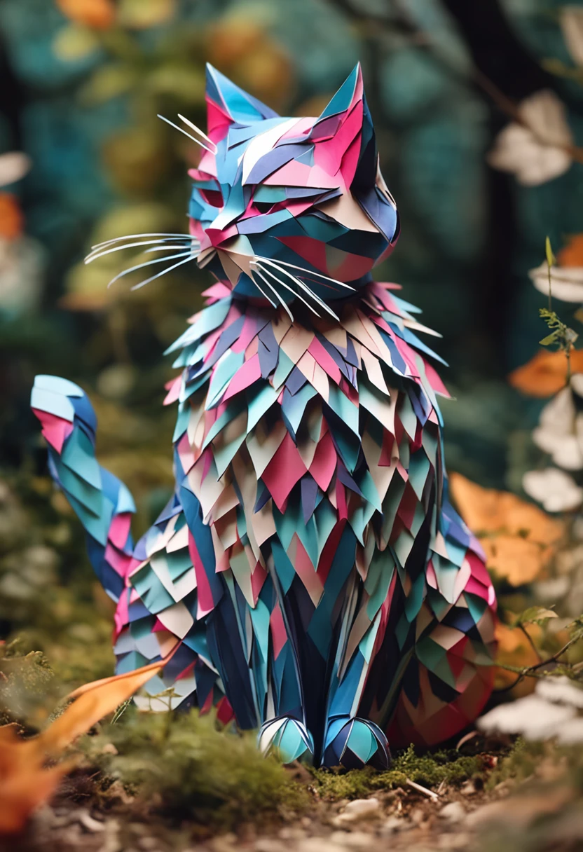 paper morphing cat, paper craft art, "Ballet Russes", cute, in the forest, 4K,