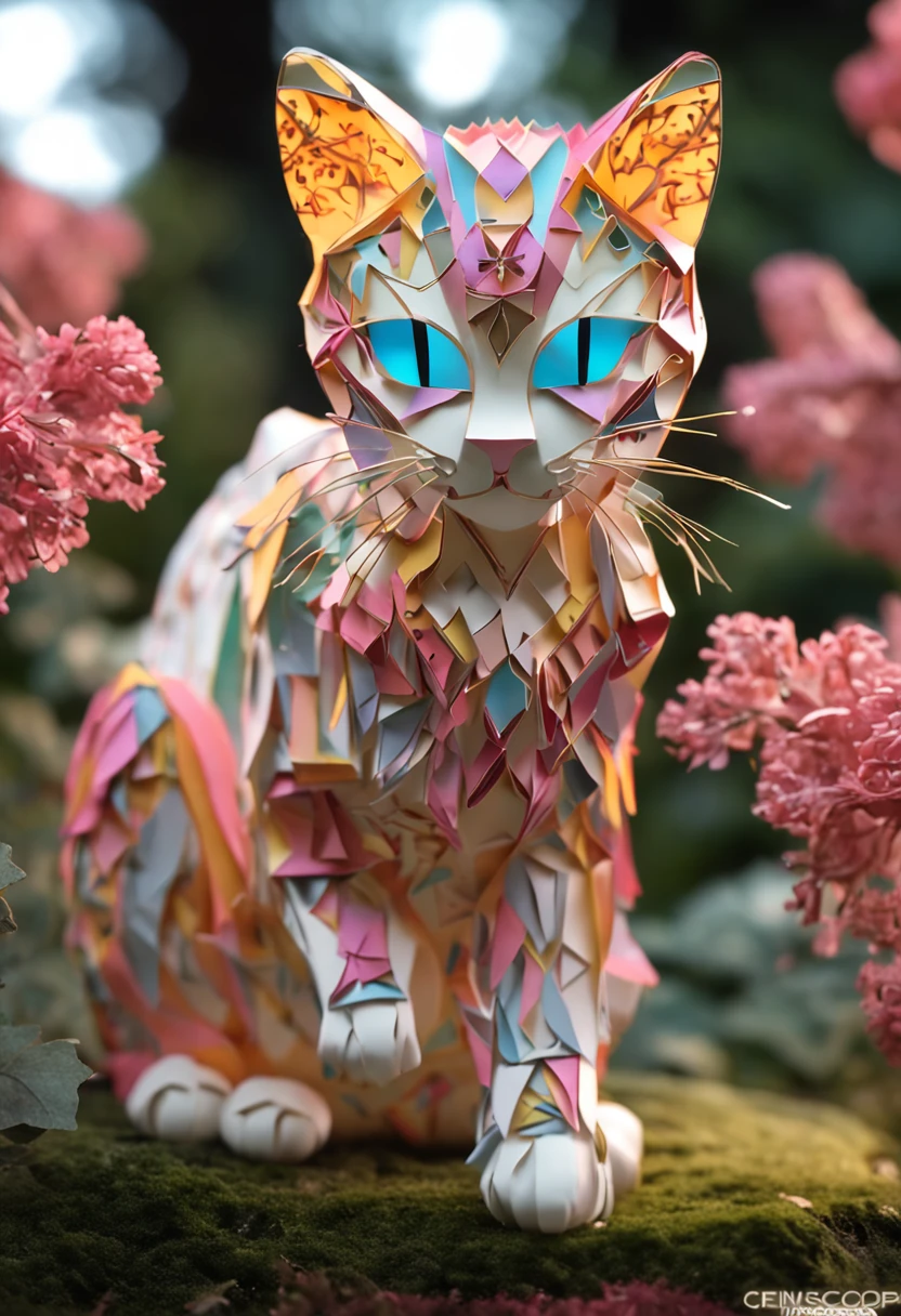 paper morphing cat, paper craft art, "Ballet Russes", cute, in the forest, 4K,