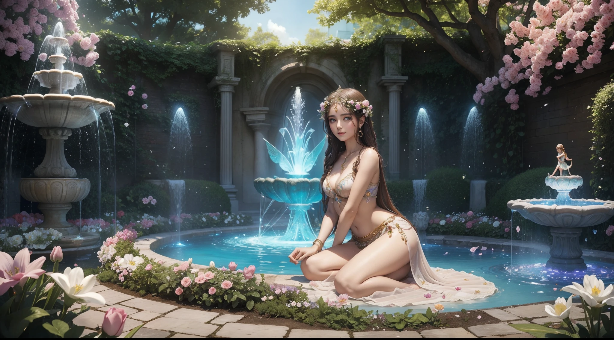 A goddess of love in her small garden, she is surrounded by beautiful flowers, little angels and fairies accompany her. A large fountain is behind her. Her gaze revises sweetness, she dresses in a luminous and vaporous way. Her body is slender and spectacular.