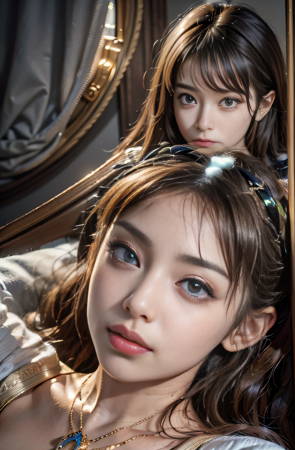 A high resolution、Highest image quality、illustratio、Cinematic lighting、Hyper-detailed faces、(finely quality eyes)、Best Picture Quality、hyper-detailing、tmasterpiece、(Beautiful faces)、1girl、Kizi、whaite hair、Purple eye、highest details、Glowing eyes、Moderate breathing、sit on a bed、sitted、Beds、janelas、nigh sky、The light from the back window is backlighted、(hight contrast)、(a color),