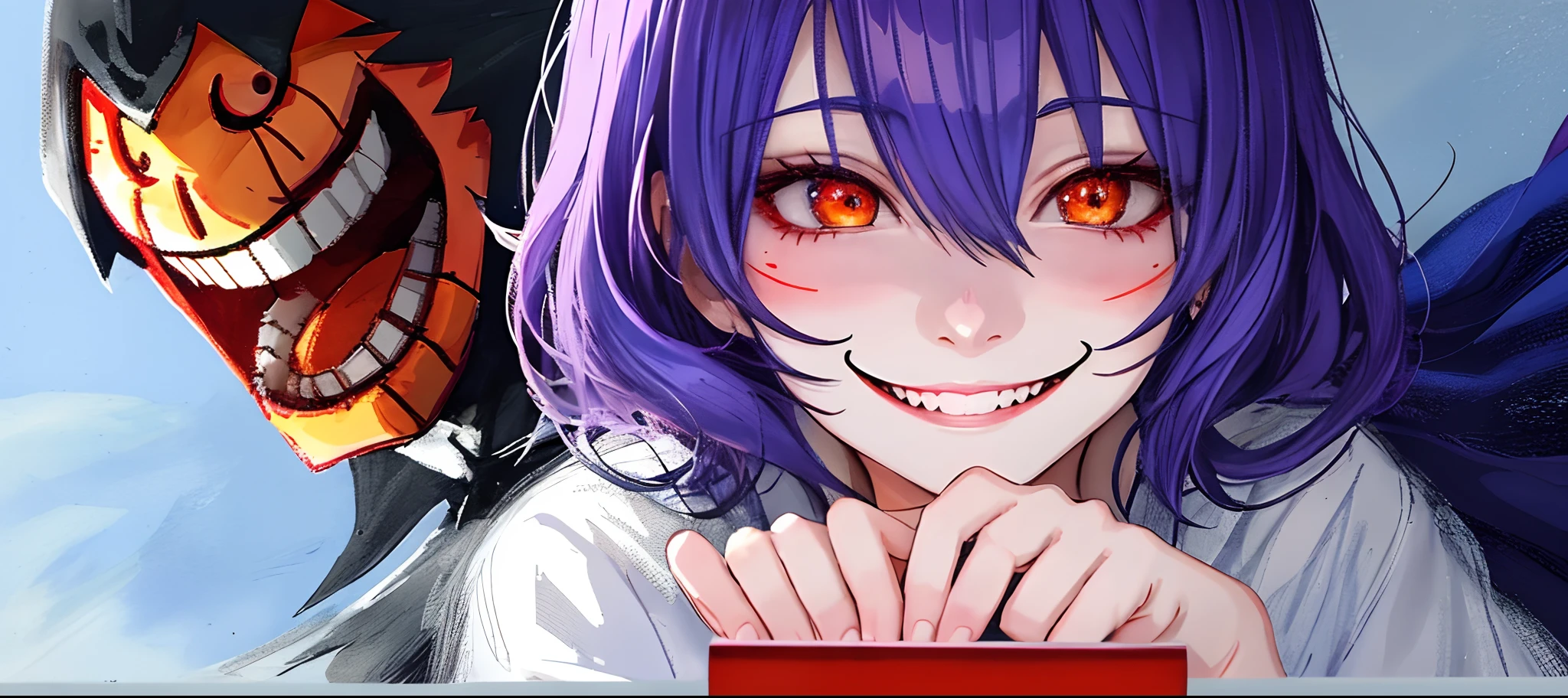 drawing of a girl with a creepy face and a sign that says it's still ok, joker looks like ichigo, evil smile and glowing eyes, [[[[grinning evily]]]], evil smile, evil grin, creepy smile, unsettling grin, uncanny smile, creepy evil smile, kaneki ken, anime shading, anime shading)anime realistick