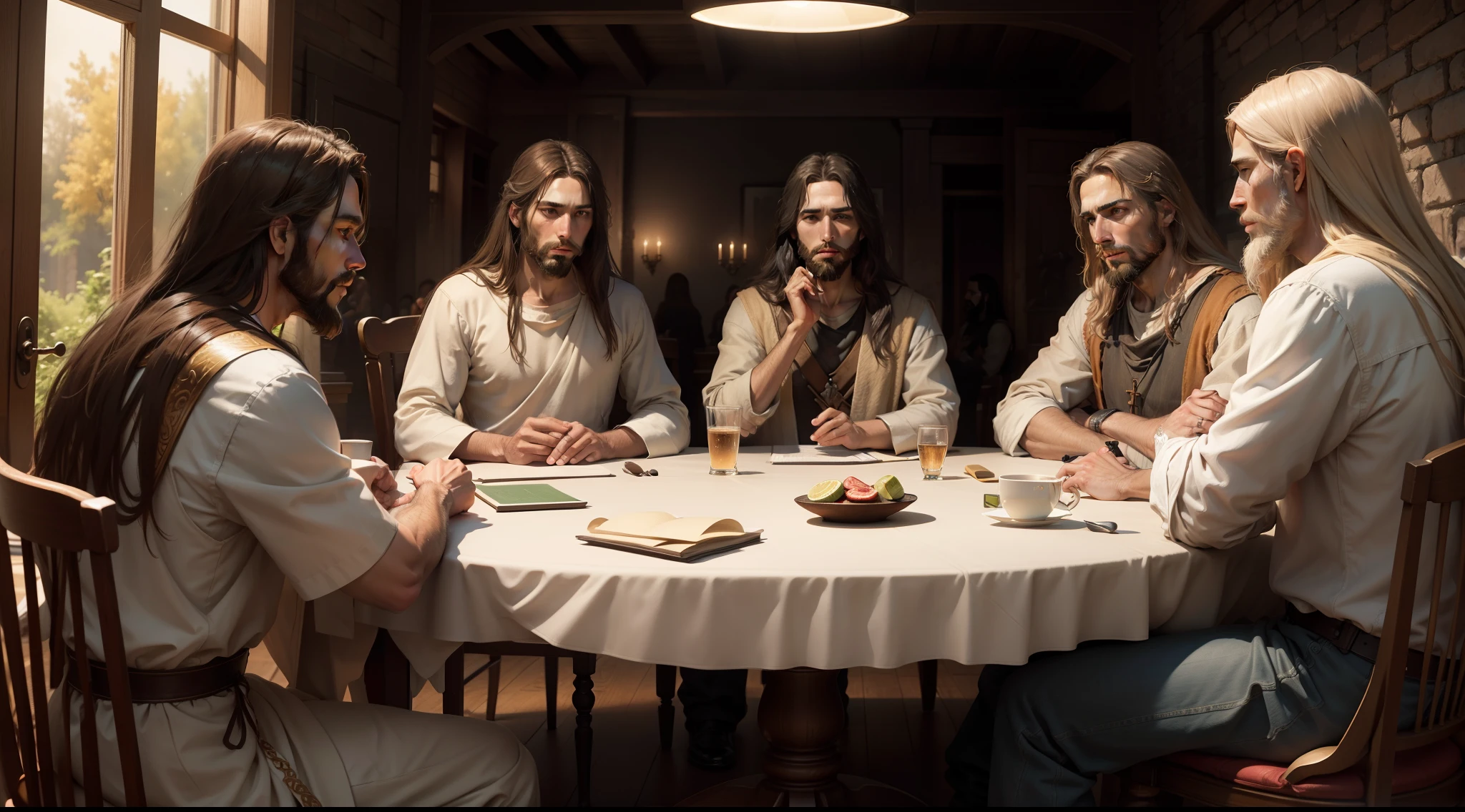 Create realistic images of Jesus Christ and his apostles sitting at a table