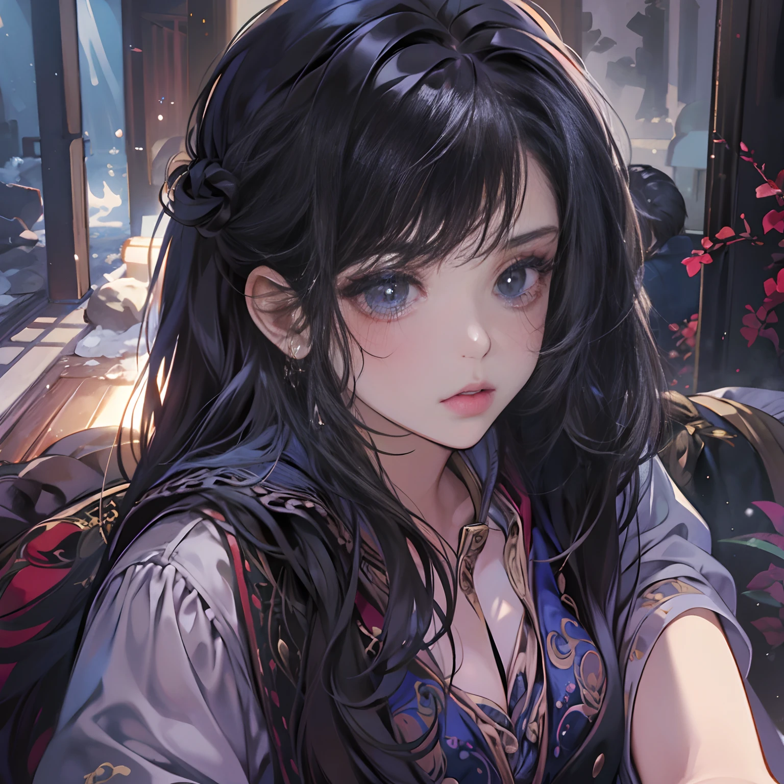 A girl with long black hair,Deep purple eyes,Look at the audience,Lovely clothes,乳溝,pouty,Cute eyes,Full-HD,Lots of detail,Cinematic texture,Light,carefully drawn,atmosphere