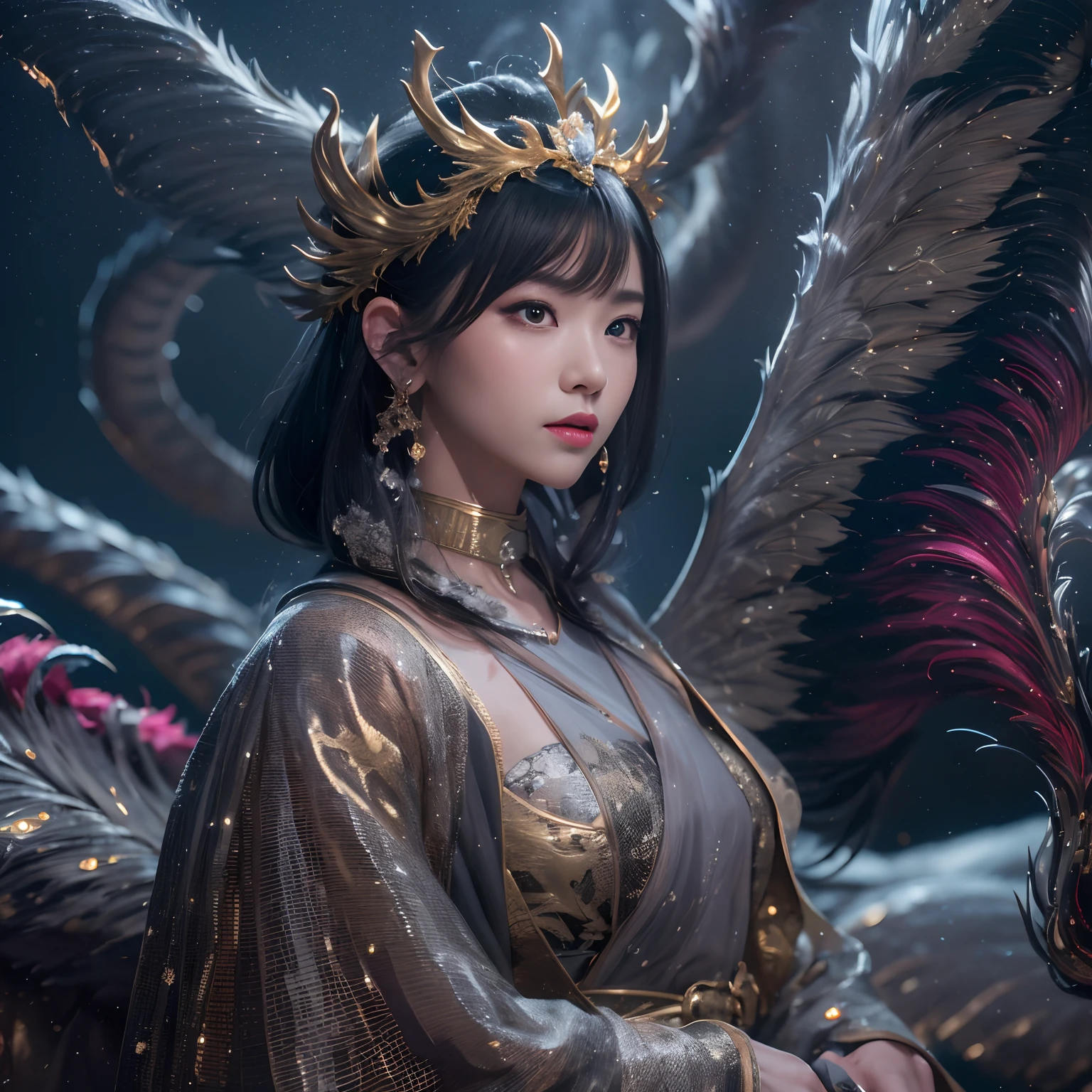 32K（tmasterpiece，k hd，hyper HD，16k）with short black hair，Canyon in the back room，Black burgundian hair girl ，Golden Dragon Protector （realisticlying：1.4），Python robe，Purple-pink tiara，Snowflakes fluttering，The background is pure， A high resolution， the detail， RAW photogr， Sharp Re， Nikon D850 Film Stock Photo by Jefferies Lee 4 Kodak Portra 400 Camera F1.6 shots, Rich colors, ultra-realistic vivid textures, Dramatic lighting, Unreal Engine Art Station Trend, cinestir 800，Close-up of the side of the half