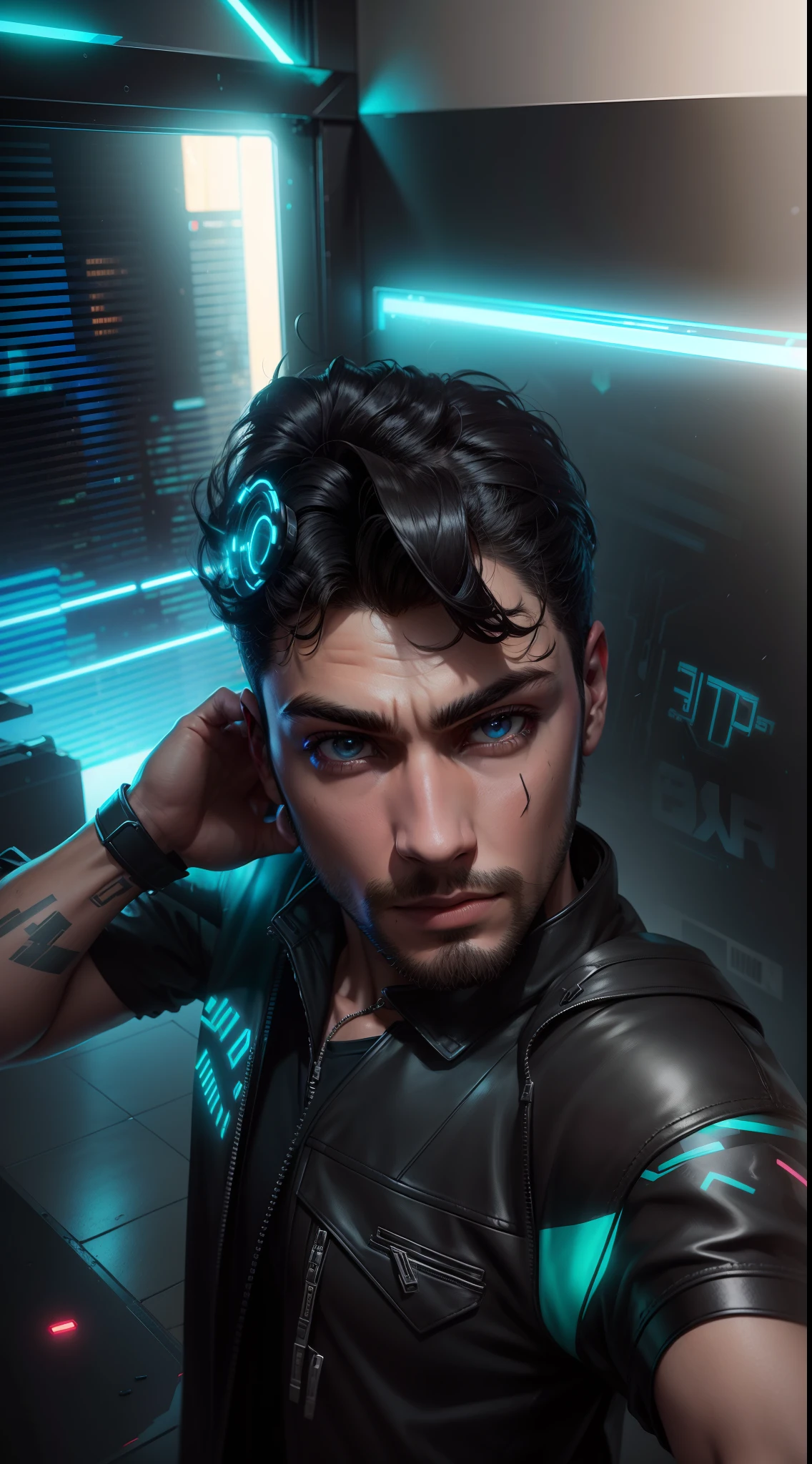 Handsome boy, black jacket, black sunglass, cyberpunk, neon lights background studios, ultra realistic, 8k, similar to my face,