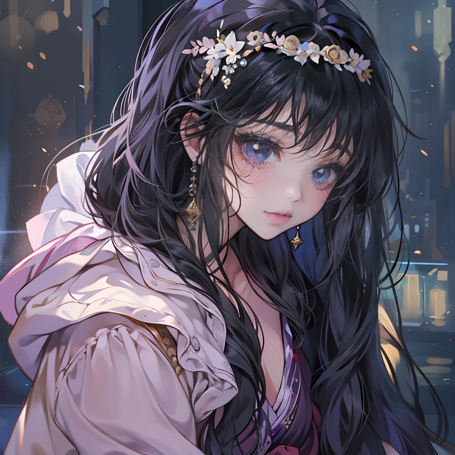 A girl with long black hair,Deep purple eyes,Look at the audience,Lovely clothes,乳溝,pouty,Cute eyes,Full-HD,Lots of detail,Cinematic texture,Light,carefully drawn,atmosphere