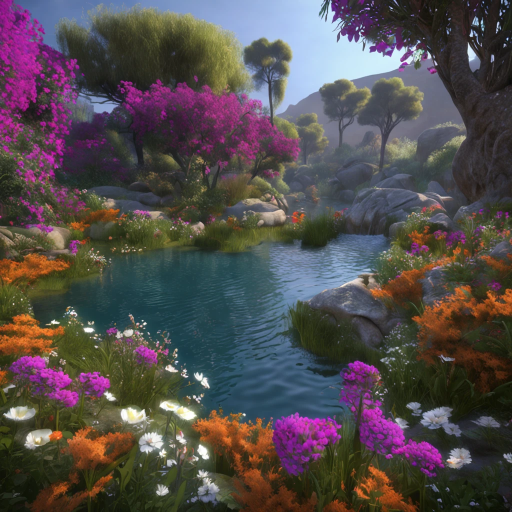 landscape, flowers, bushes, water,(extremely detailed CG unity 8k wallpaper), most beautiful artwork in the world, professional majestic oil painting, intricate, high resolution, Sharp focus, dramatic, photorealistic, painting art, hyper-realistic