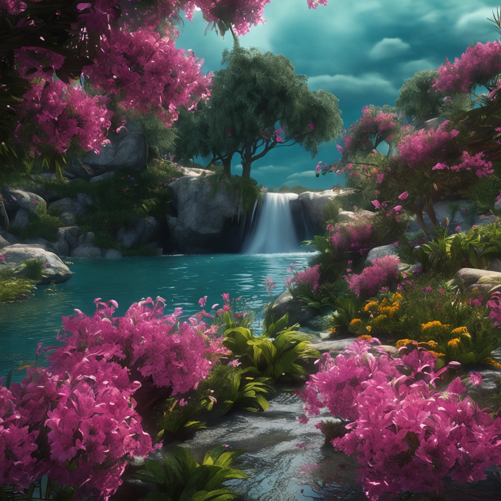 landscape, flowers, bushes, water,(extremely detailed CG unity 8k wallpaper), most beautiful artwork in the world, professional majestic oil painting, intricate, high resolution, Sharp focus, dramatic, photorealistic, painting art, hyper-realistic