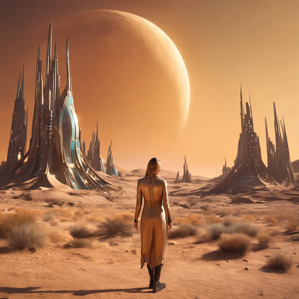 Youthful alien girly woman looking to all sorts of strange alien creatures by Hieronymus Bosch on a chaotic futuristic desert planet. Star Wars movie photo style. she wears an elegant futuristic dress with long sleeves and high neck, golden hour, golden lights, high quality background, ultra detailed scenery, ultra sharp focus, shot by a landscape professional photographer.