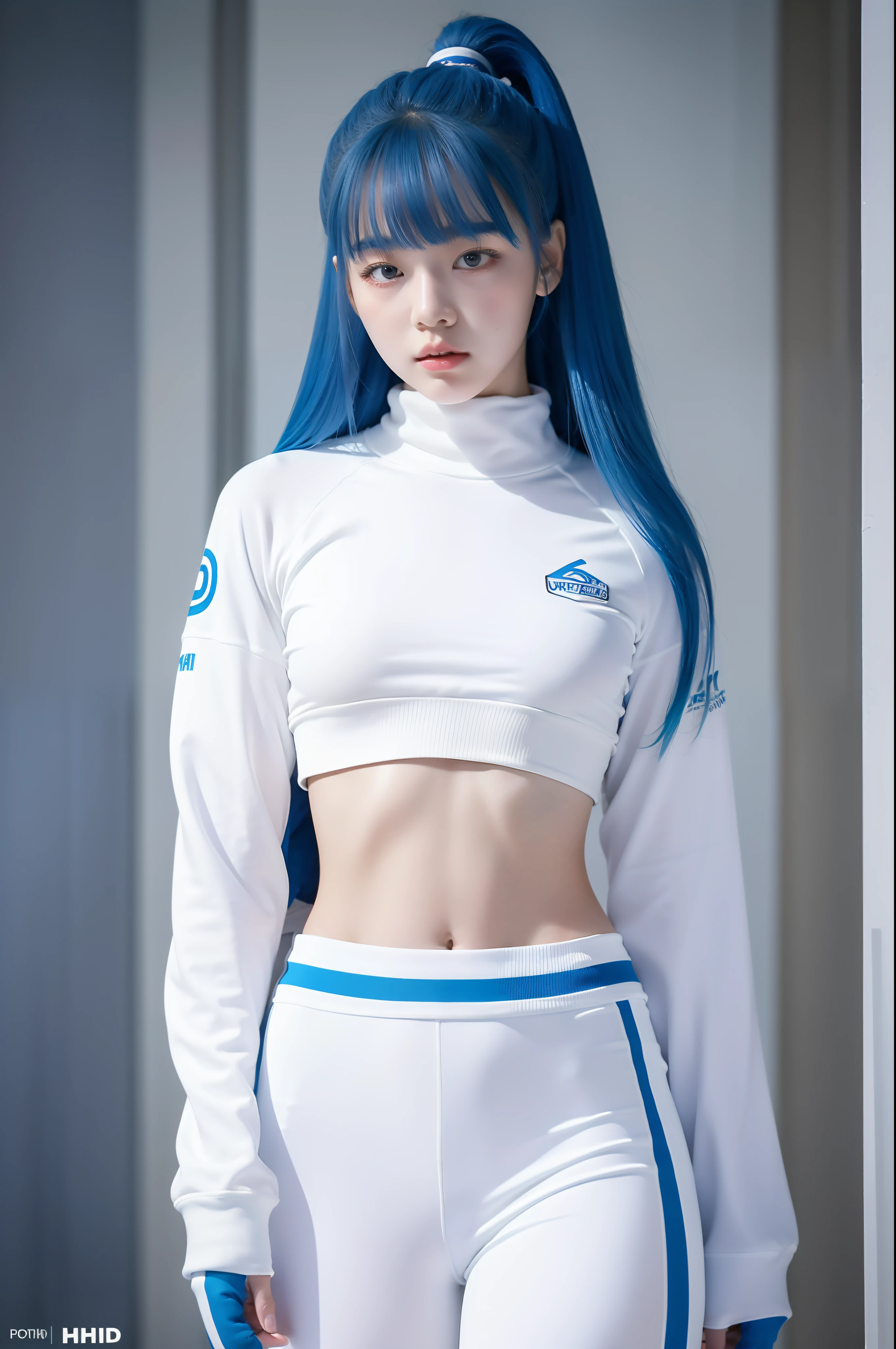 "Full body view of 18 years old Kim Chaewon as a young girl in a white tight sporty outfit, with blue hair. She is standing confidently, with a slight exposure of her midriff and a petite figure. The photo is captured in UHD 4K, exhibiting exquisite details."