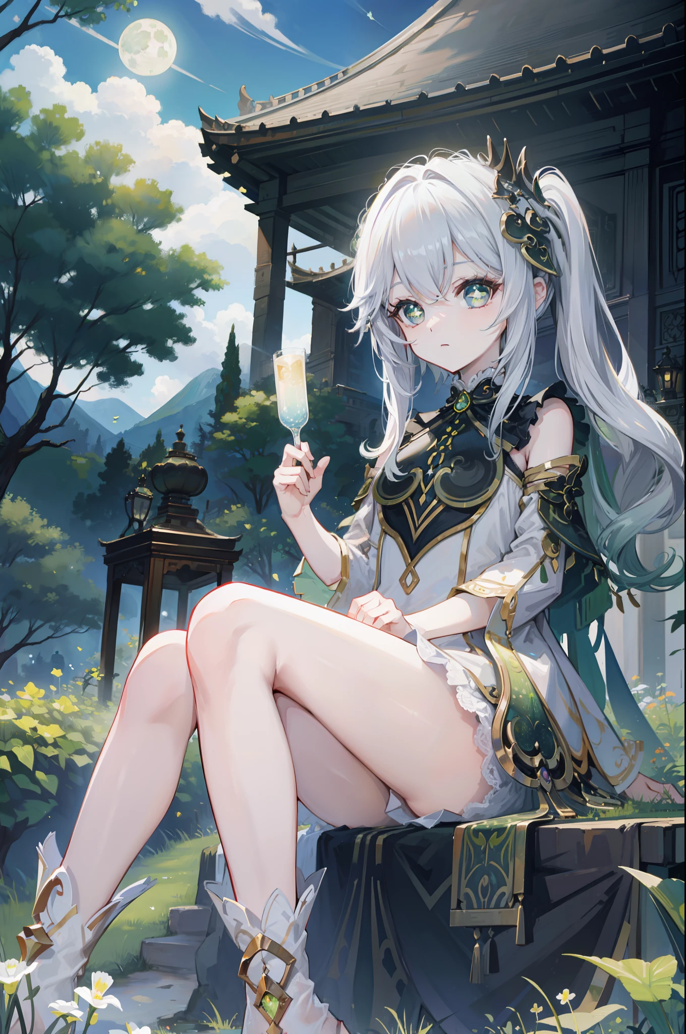 Royal sister style，Erlang legs，lawns，rays of moonlight，Sat down，haughty，ellegance，Cross-eyed，Star Eyes，A temple of greenery，No artifacts，the night，themoon，movie picture quality，Movie lighting