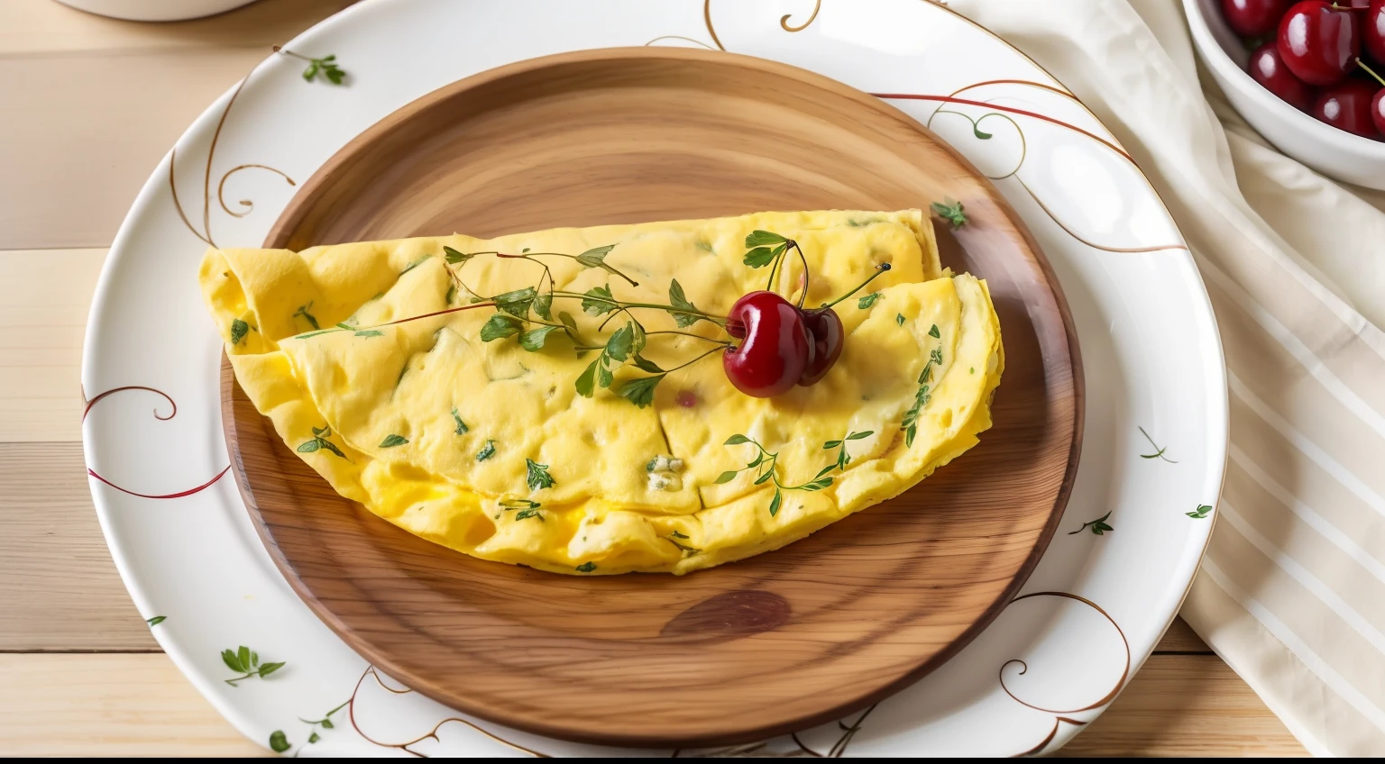 A plate of cheese omelette decorated with cherries, berries and coriander leaves, plate is a ceramic luxury plate white in colour, plate is on a wooden table , a well folded handkerchief by the side