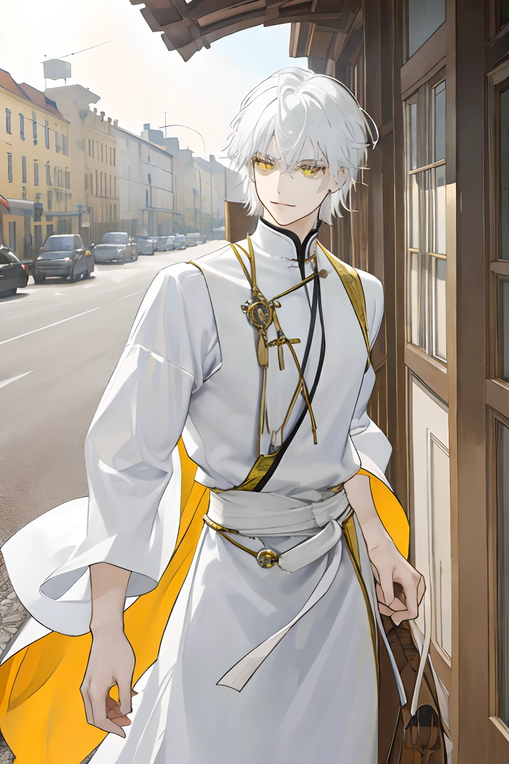 Male. yellow eyes. Tousled white hair that falls just above his shoulders. Brown skin. Strong jawline and an absolutely happy expression. Wears a tight western monk habit. Muscular. Standing upright on middle of a road.