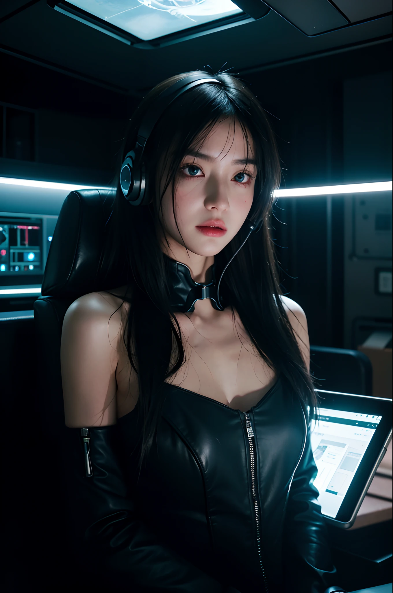 top-quality、master-piece、超High resolution、(real light:1.4)、RAW photo、1 girl、Black Hair、gleaming skin、1mechanical girl、((Super realistic detail))、portrait、Global Illumination、glossy、octanerender、10、Ultra Sharp、Colossal、Raw skin is revealed in cleavage..、Metal、Details of intricate jewelry、Headphone headset、Hydraulic cylinder、Gothloli Details、Realistic lighting、CGSoation trend、purple eyes、shining eyes、facing camera、neon details、mechanical limbs、blood vessels connected to tubes、mechanical vertebra attaching to back、mechanical cervial attaching to neck.、wires and cables connecting to head、Evangerion、cyberpunked、small LED lamp、central processing unit、lamp、perfect proportion、The background is the cockpit of a futuristic spacecraft..、