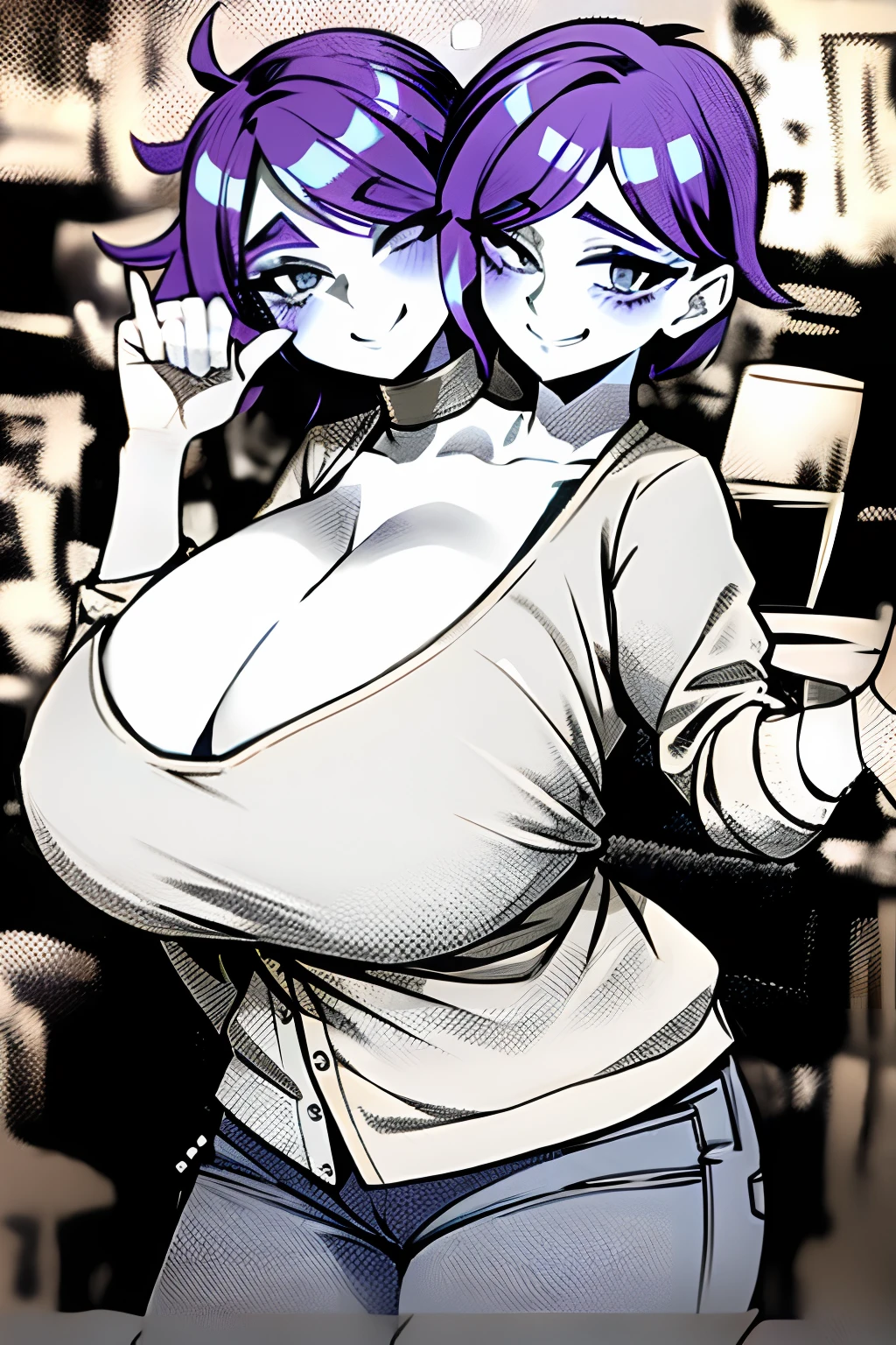 2heads, a short fat girl with 2 heads, 2 arms, 2 legs. She is in a bar. She looks visibly drunk. She is wearing a puffy low-cut colorful sweater with jeans. She has enormous breasts. One head is taking a sip of a drink. The other arm is pulling the neck of her shirt downward to expose cleavage. She is flirtatious, and has massive breasts. She is smiling. She is winking. Her breasts are gigantic and huge. She is extremely short. She is extremely fat. Massive breasts.