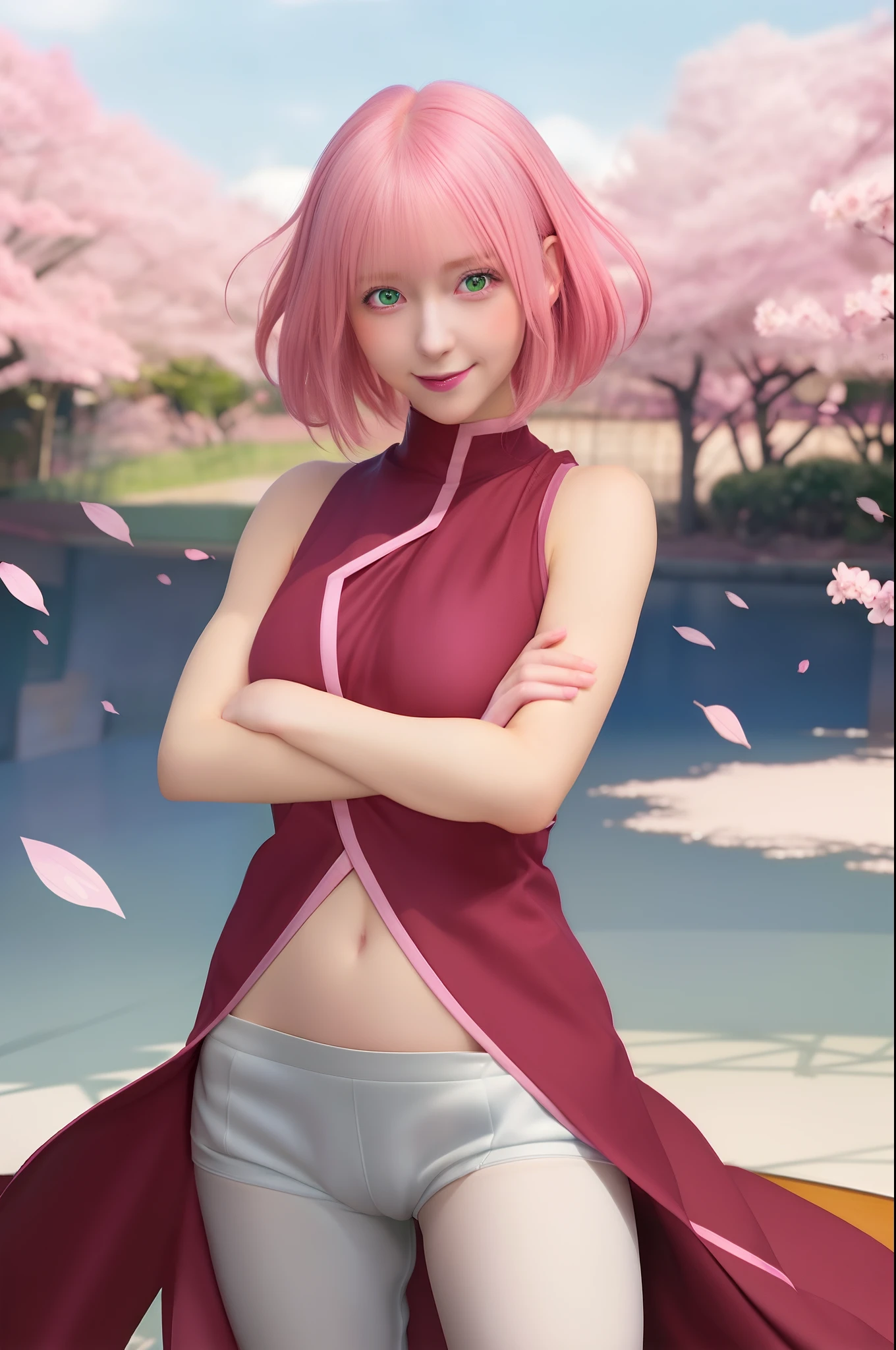 1girl, sakura in anime naruto, short hair, sexy dress, pink hair, green eyes, smile, beautiful, pink clothes, very big breast, sexy clothes, realistic clothes, detail clothes, indoor wallpaoer, wallpaper realistic, wallpapaer detail, indoor background, ultra detail, realistic