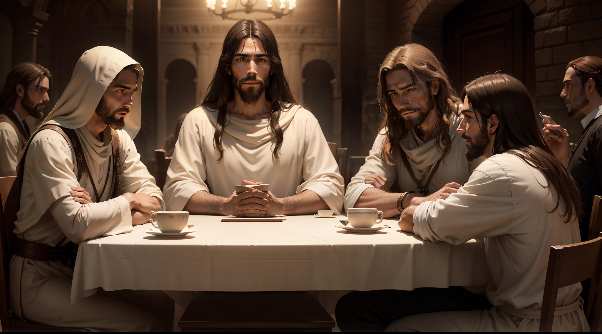 Create realistic images of Jesus Christ and his apostles sitting at a table