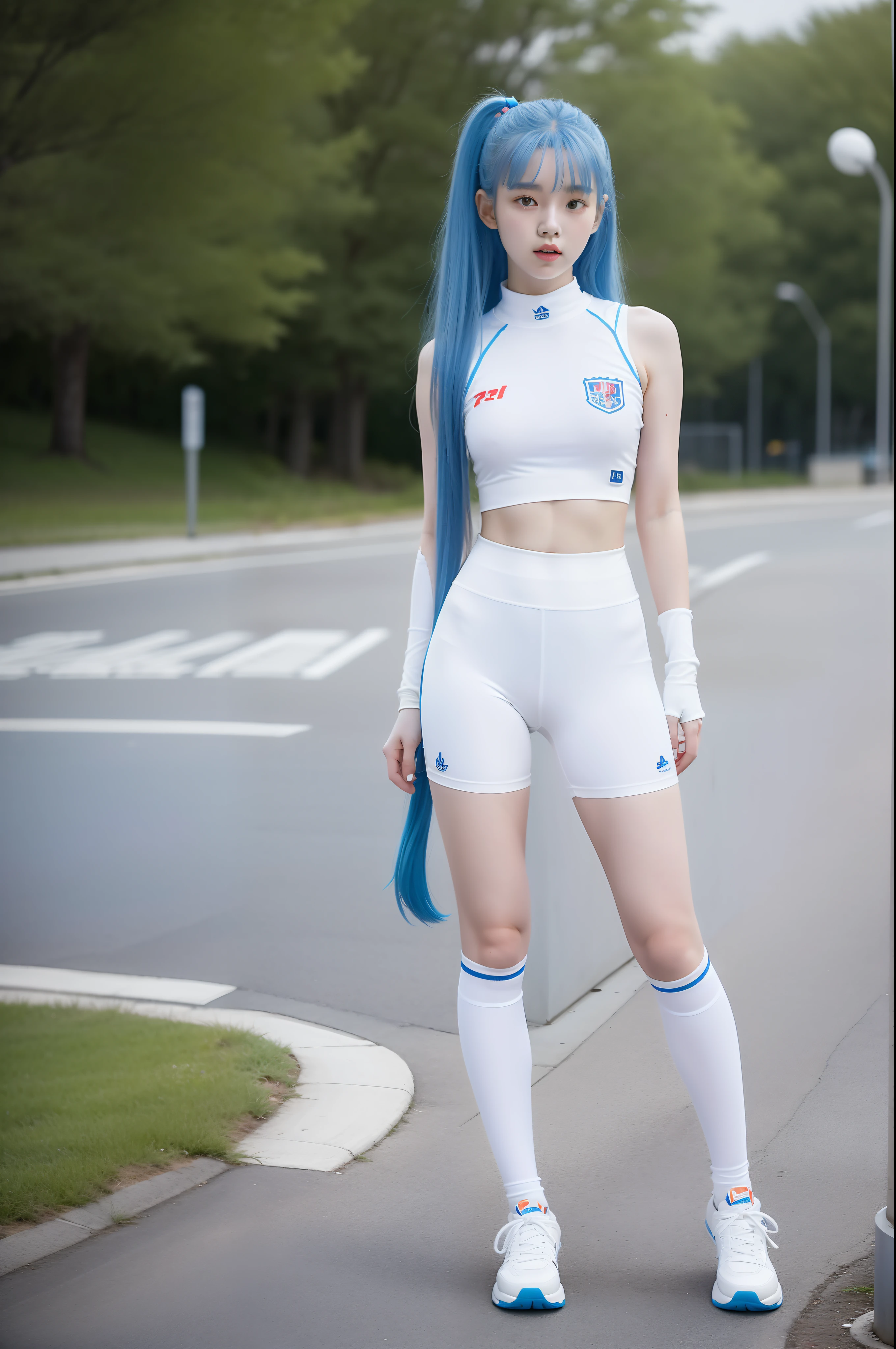 "Full body view of 18 years old Kim Chaewon as a young girl in a white tight sporty outfit, with blue hair. She is standing confidently, with a slight exposure of her midriff and a petite figure. The photo is captured in UHD 4K, exhibiting exquisite details."