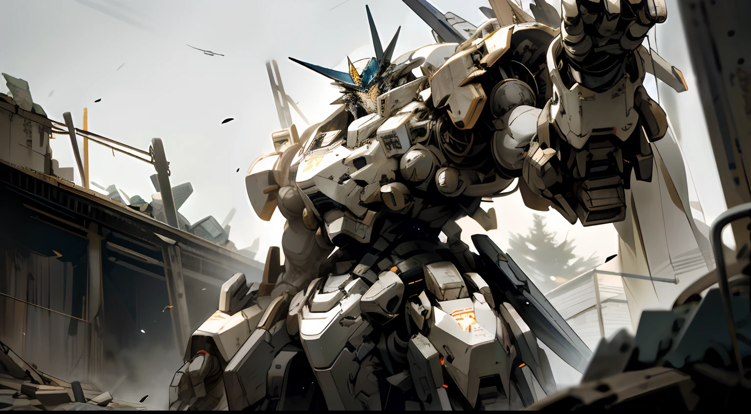 Pacific Rim style，Western paladin style，mechs，Physical damage，Standing in the ruins，lottalewdsLargeMecha，Sense of oppression，nigth，A mech，Elevation viewing angle，The face is in the Crusader style，Mecha simplified，Realisticstyle