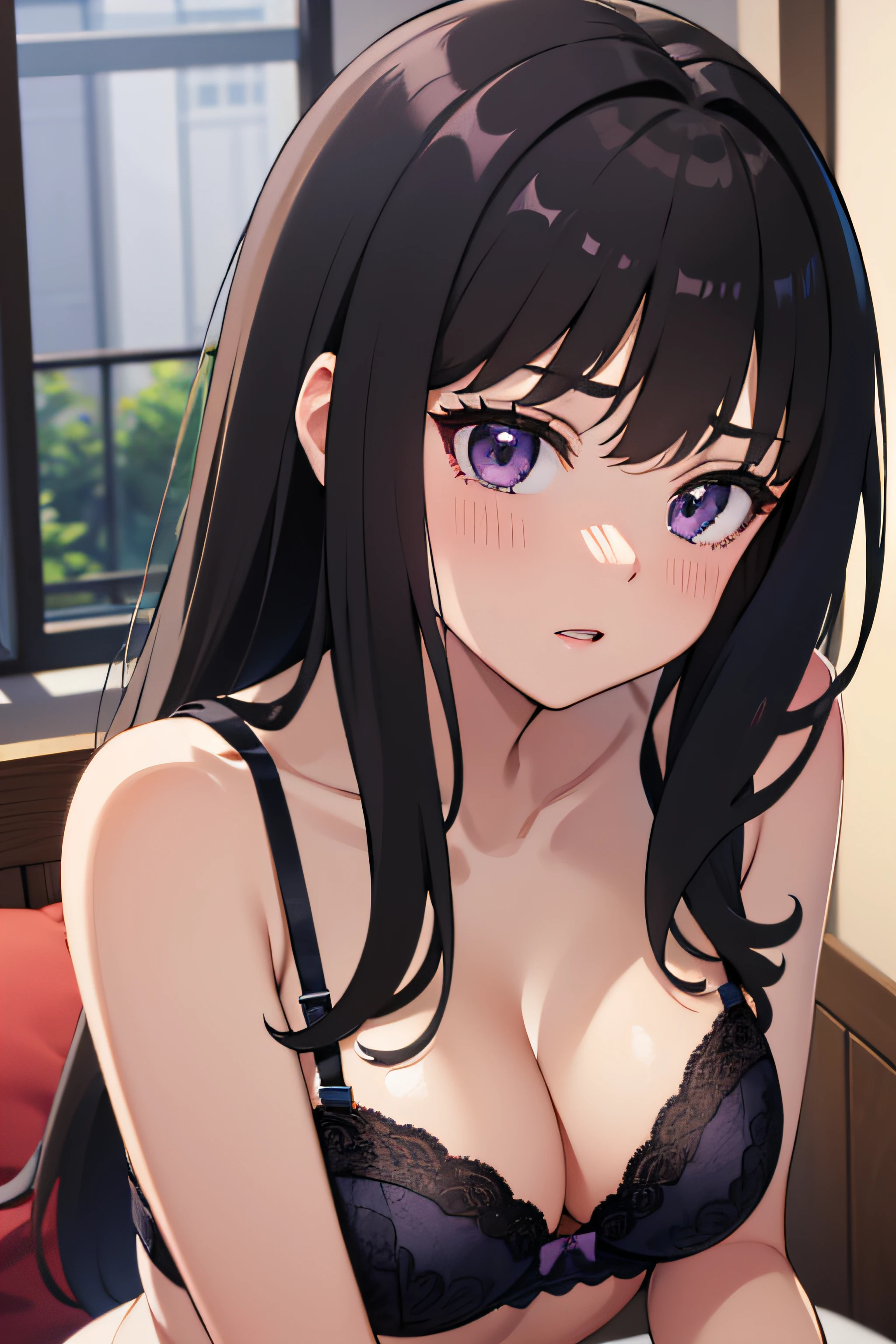 (masterpiece, best quality, highres, UHD, perfect pixel),Inoue Takina, Long hair, Bangs, Black hair, (Purple eyes:1.2), medium breasts, cleavage, lingerie, bra, panties, indoor, bedroom, dynamic pose, busty, perfect body, (erotic pose, POV), embrassed, blushing